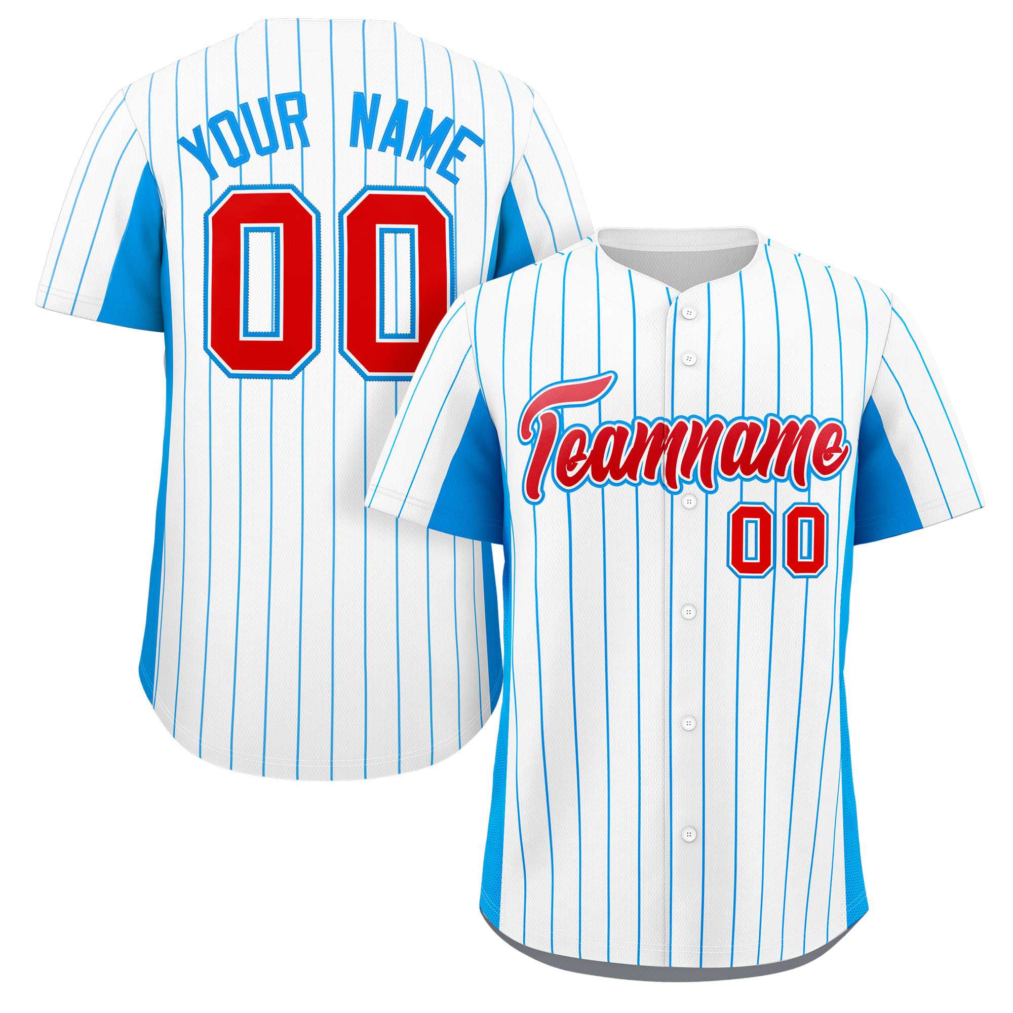 Custom White Powder Blue-Red Stripe Fashion Design Full Button Authentic Baseball Jersey