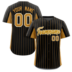 Custom Black Old Gold Stripe Fashion Design Full Button Authentic Baseball Jersey