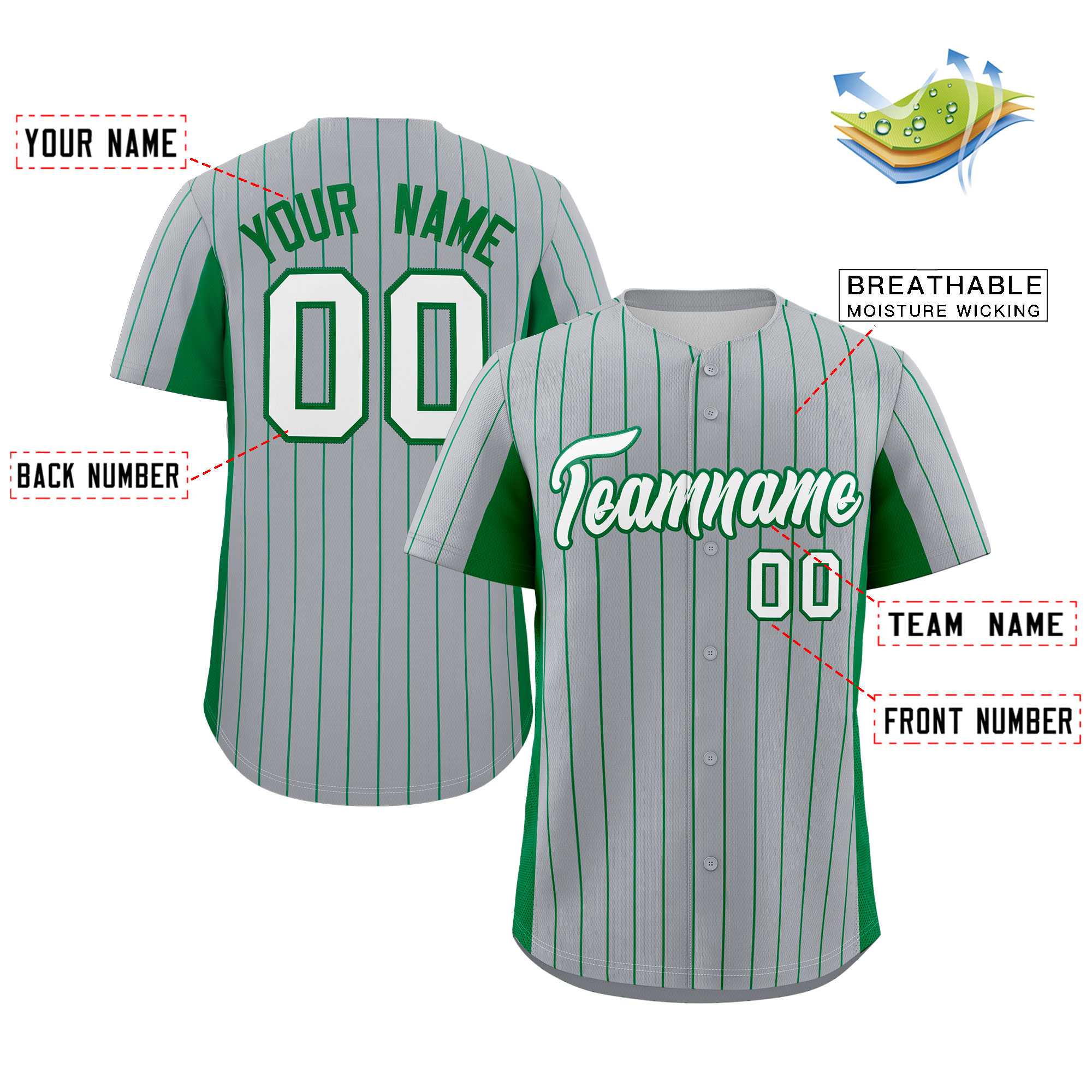 Custom Gray Kelly Green-White Stripe Fashion Design Full Button Authentic Baseball Jersey