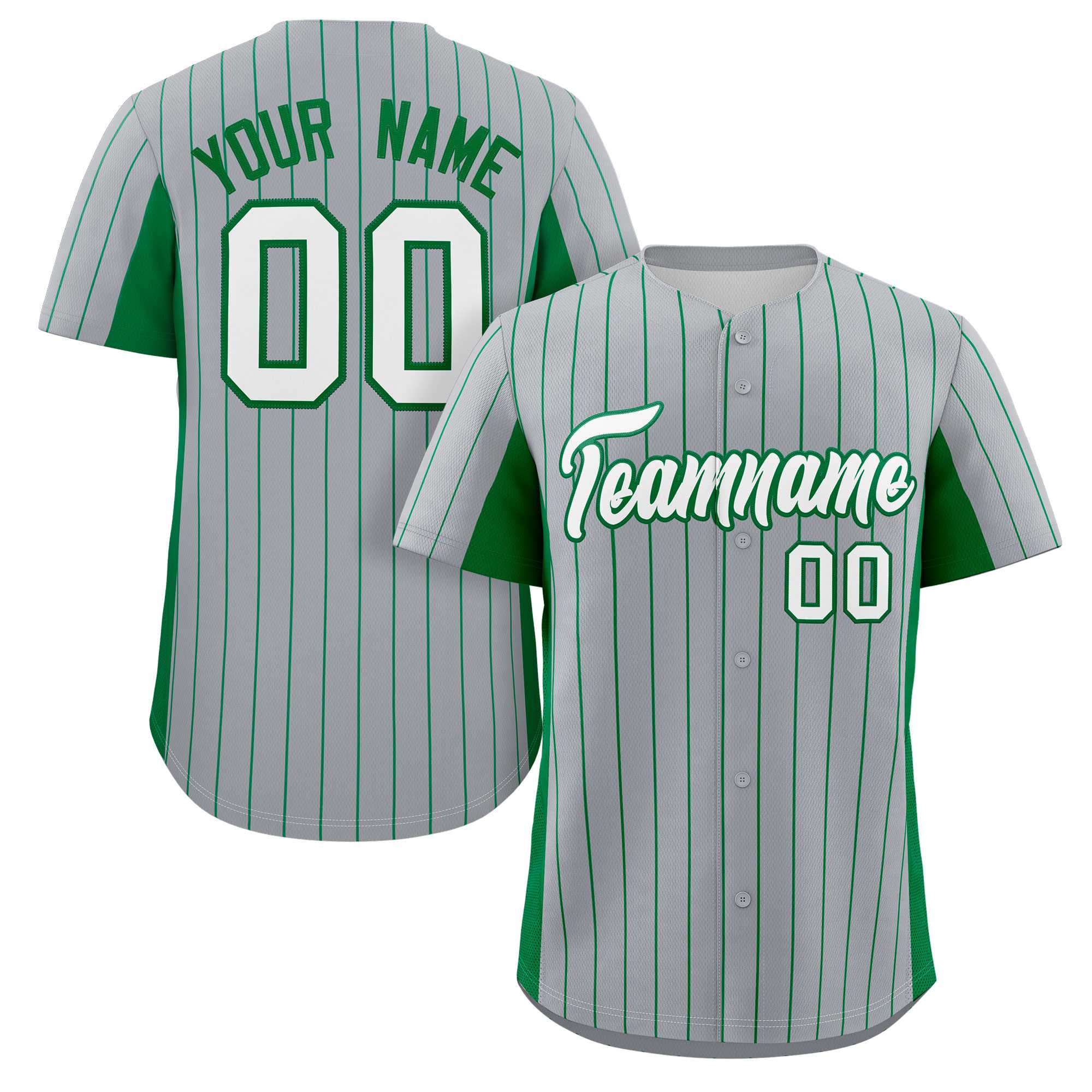 Custom Gray Kelly Green-White Stripe Fashion Design Full Button Authentic Baseball Jersey