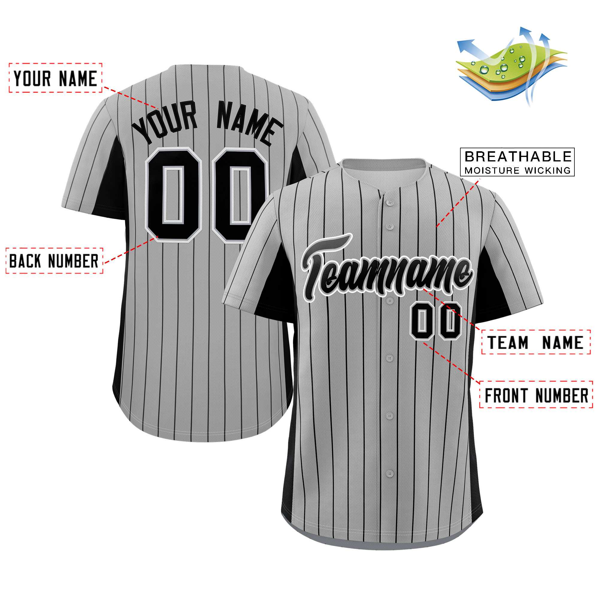 Custom Gray Black Stripe Fashion Design Full Button Authentic Baseball Jersey