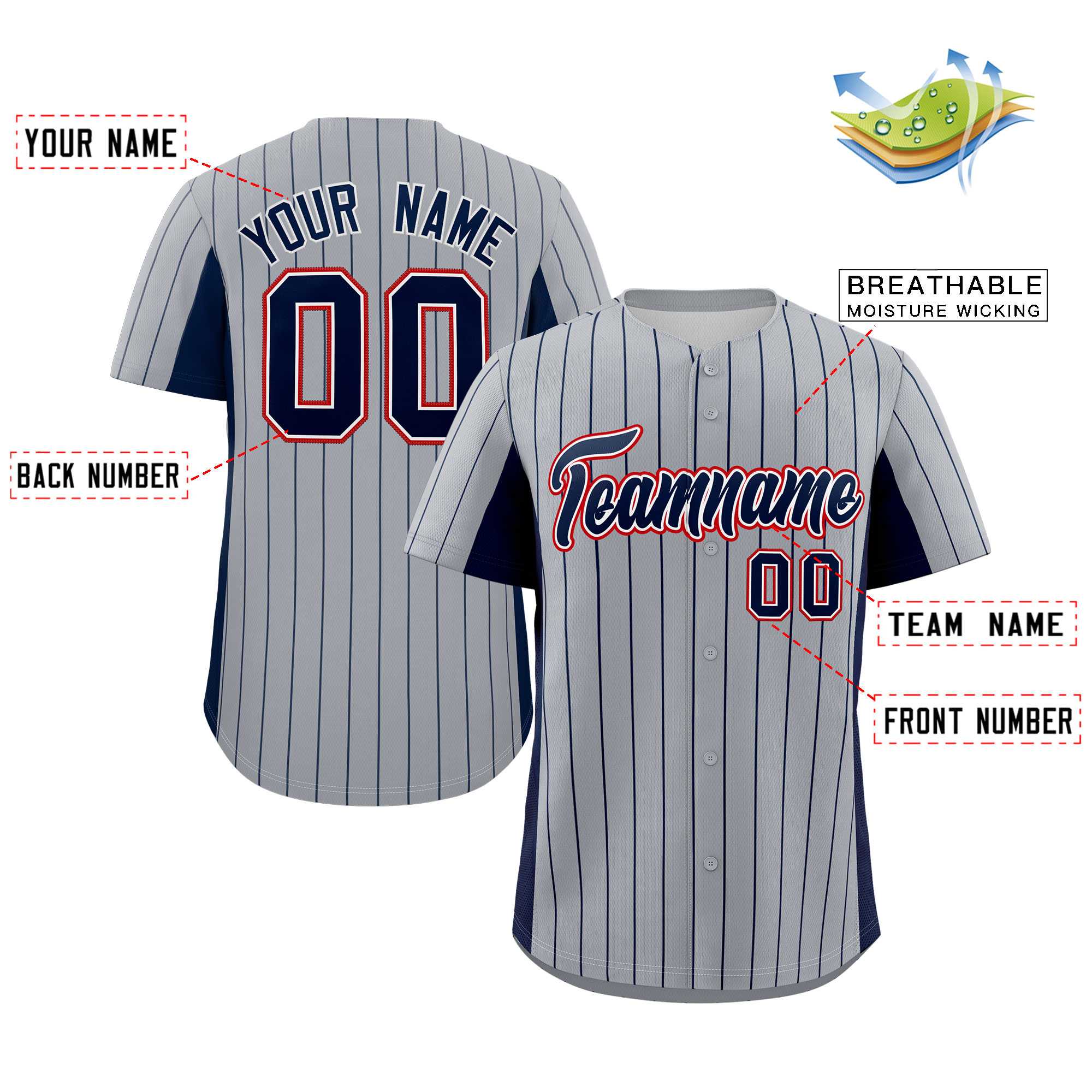 Custom Gray Navy Stripe Fashion Design Full Button Authentic Baseball Jersey