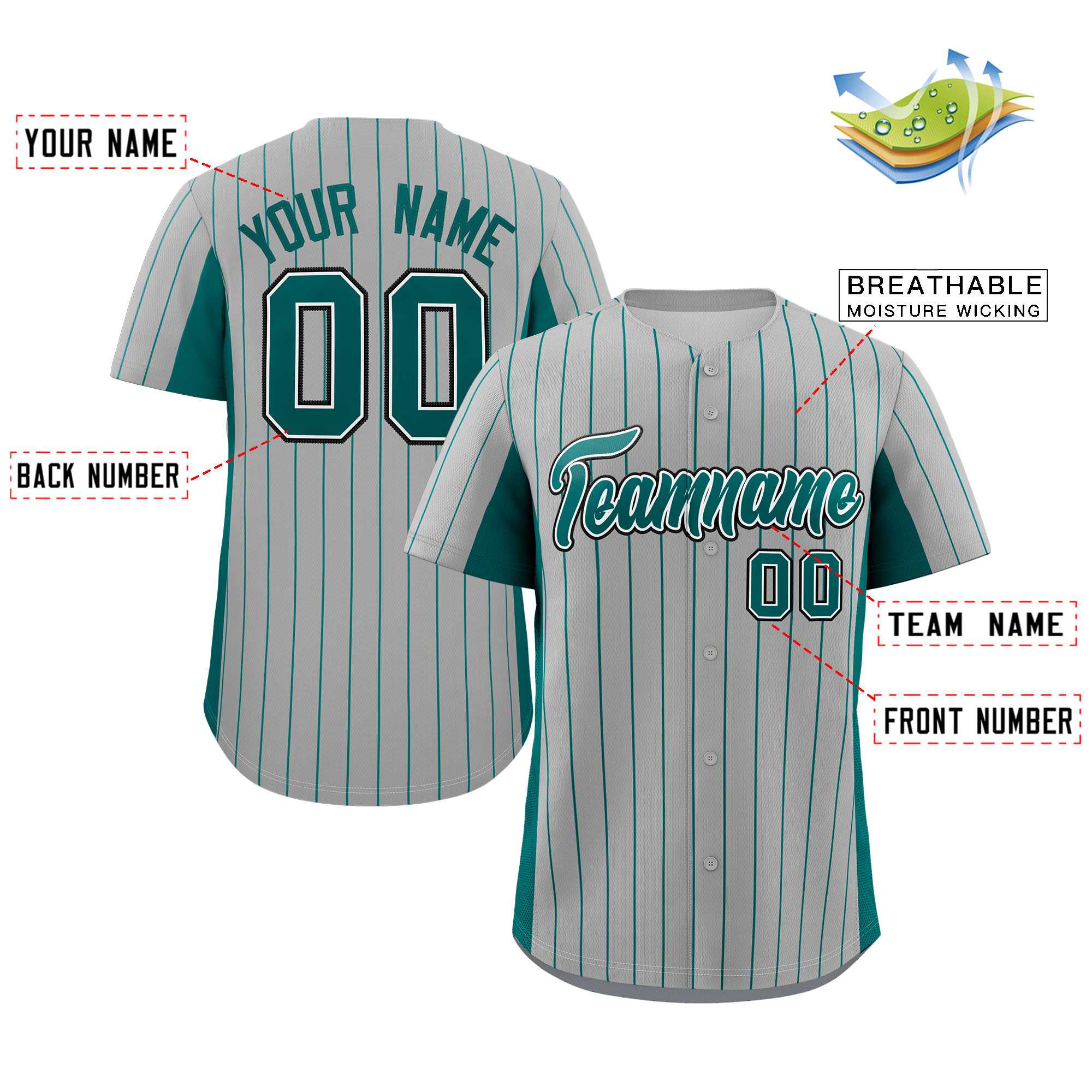 Custom Gray Midnight Green Stripe Fashion Design Full Button Authentic Baseball Jersey