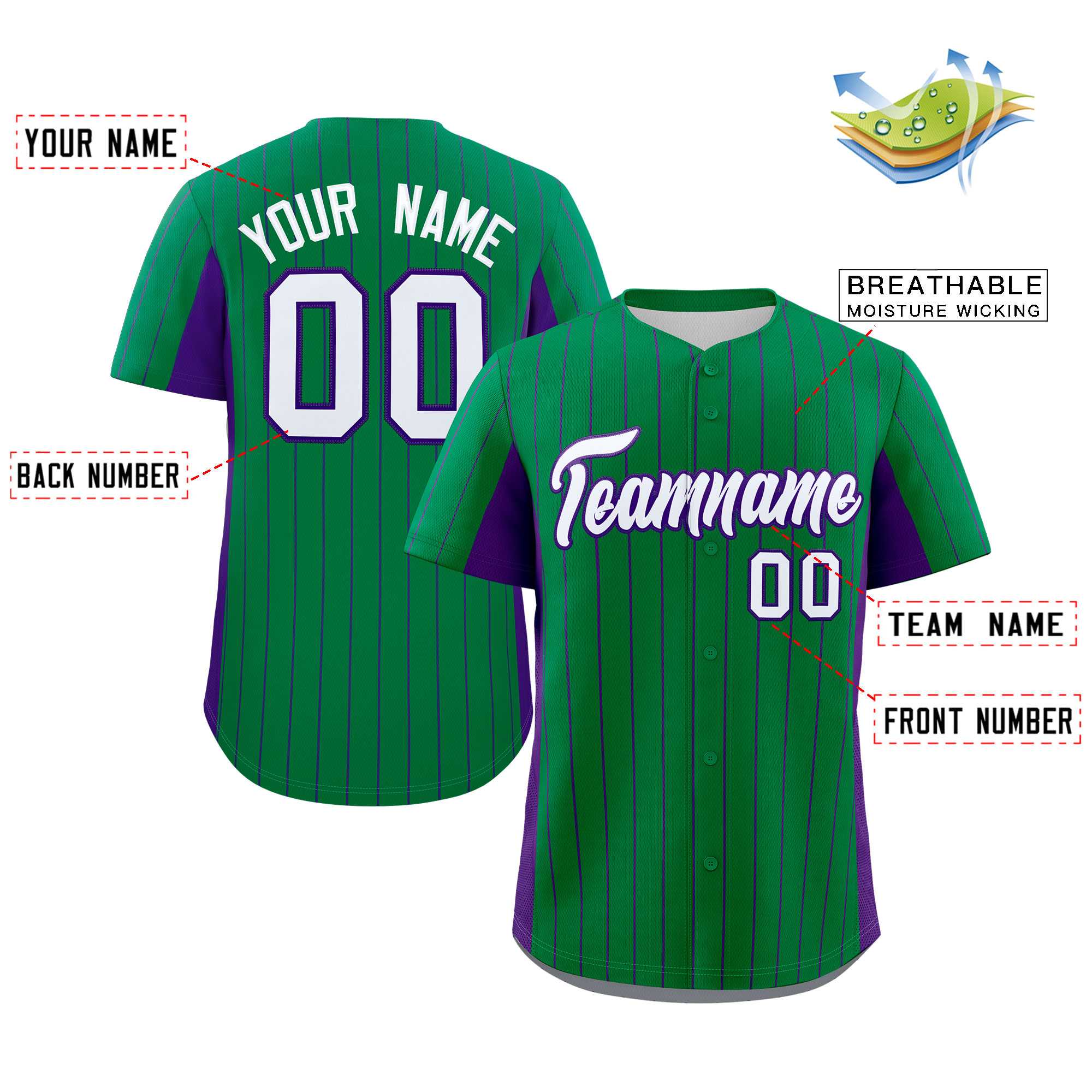 Custom Kelly Green Purple-White Stripe Fashion Design Full Button Authentic Baseball Jersey