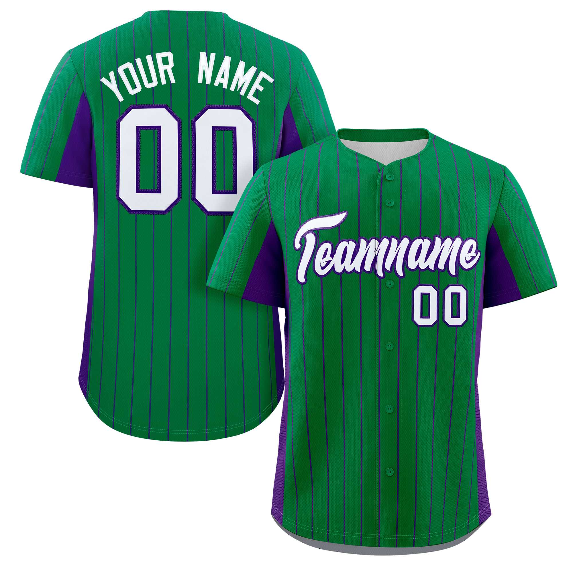 Custom Kelly Green Purple-White Stripe Fashion Design Full Button Authentic Baseball Jersey