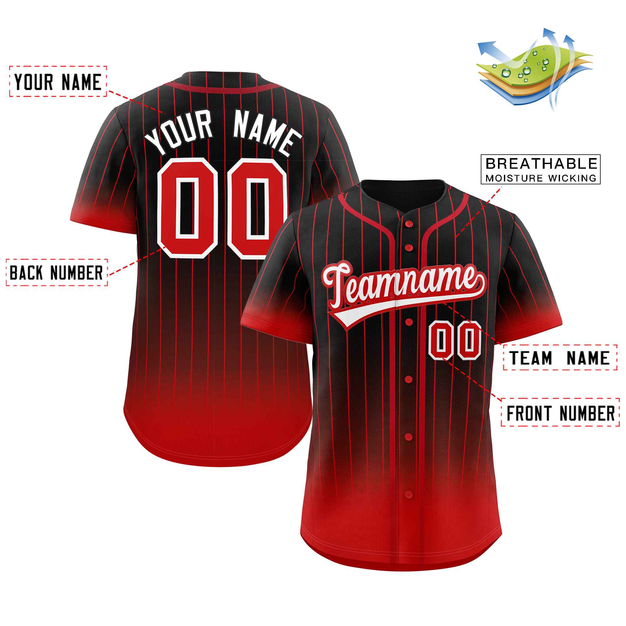 Maillot de baseball personnalisé à rayures dégradées noir rouge-blanc, à la mode, authentique