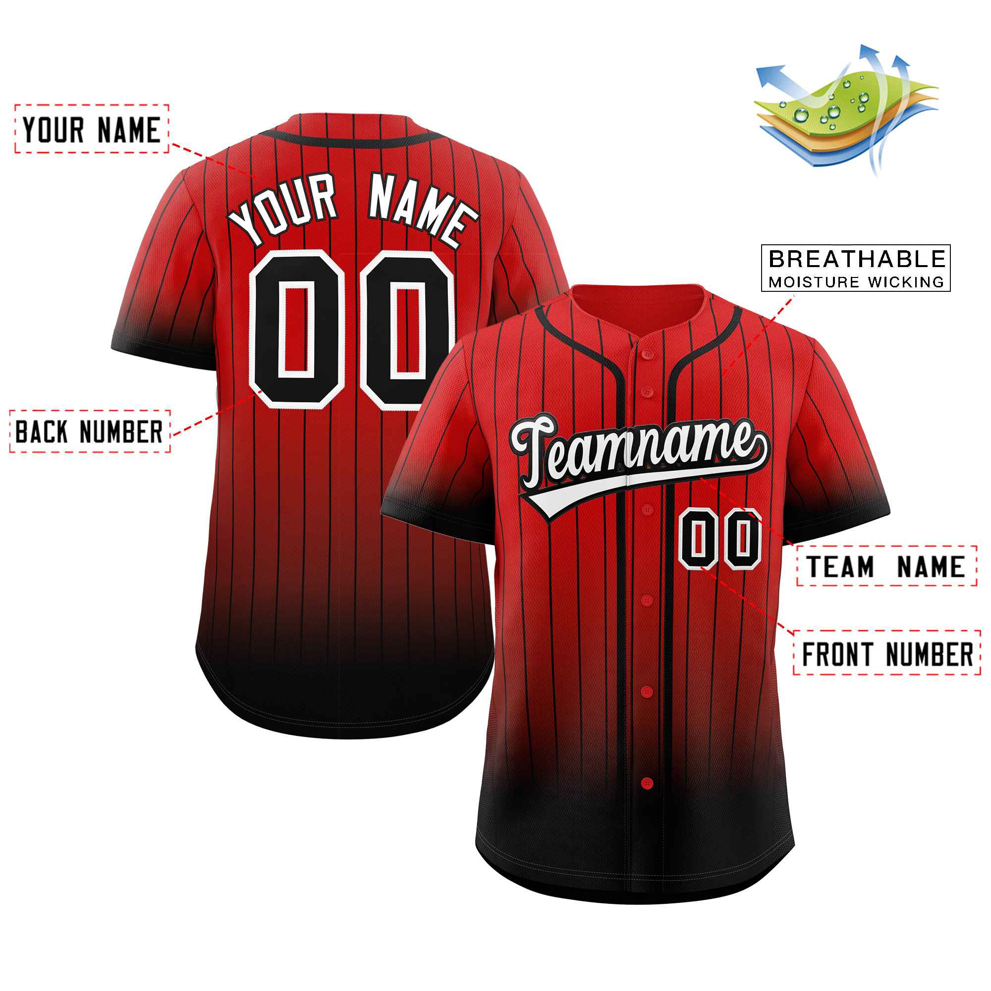 Maillot de baseball personnalisé à rayures dégradées rouge, noir et blanc, à la mode, authentique