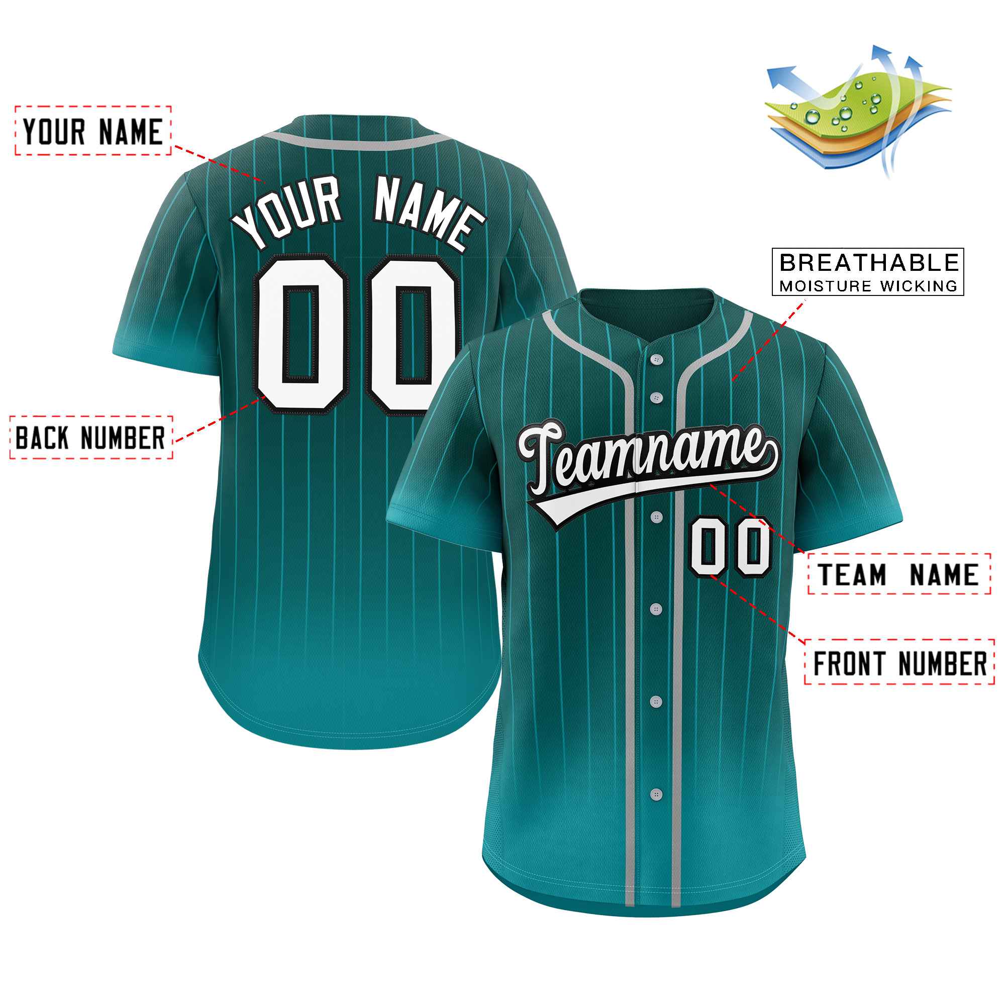 Maillot de baseball personnalisé à rayures dégradées blanc-noir Aqua, à la mode, authentique