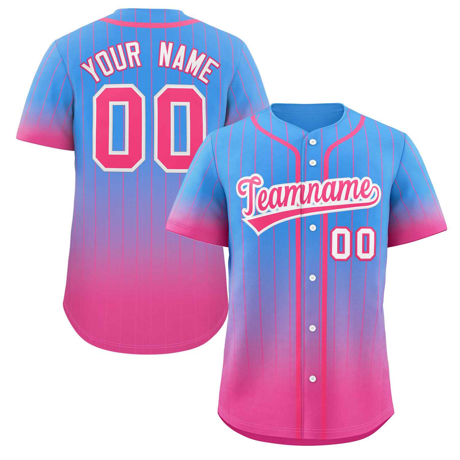 Maillot de baseball personnalisé à rayures dégradées bleu poudre rose-blanc, mode authentique