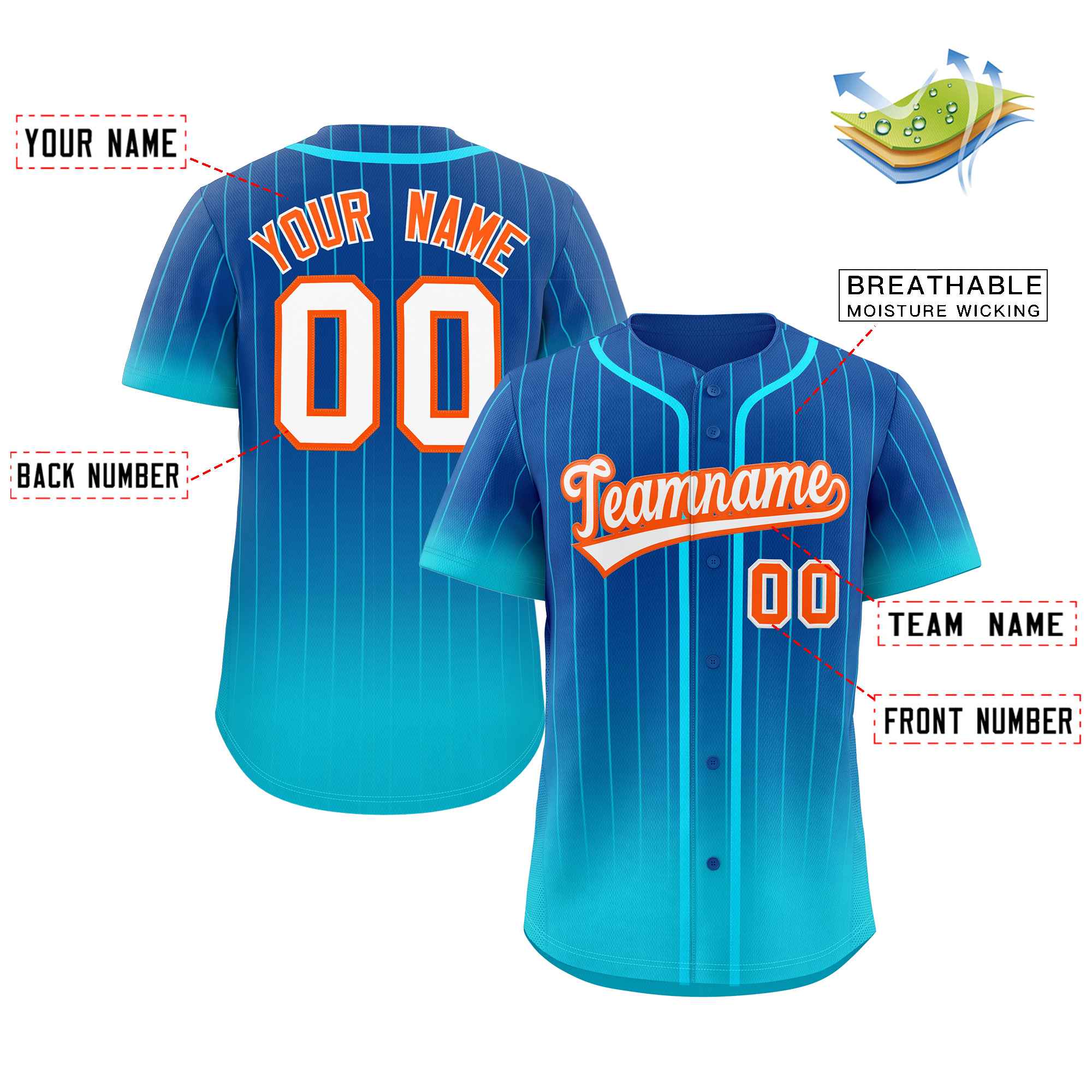 Maillot de Baseball personnalisé à rayures dégradées bleu ciel Royal-Orange, à la mode, authentique