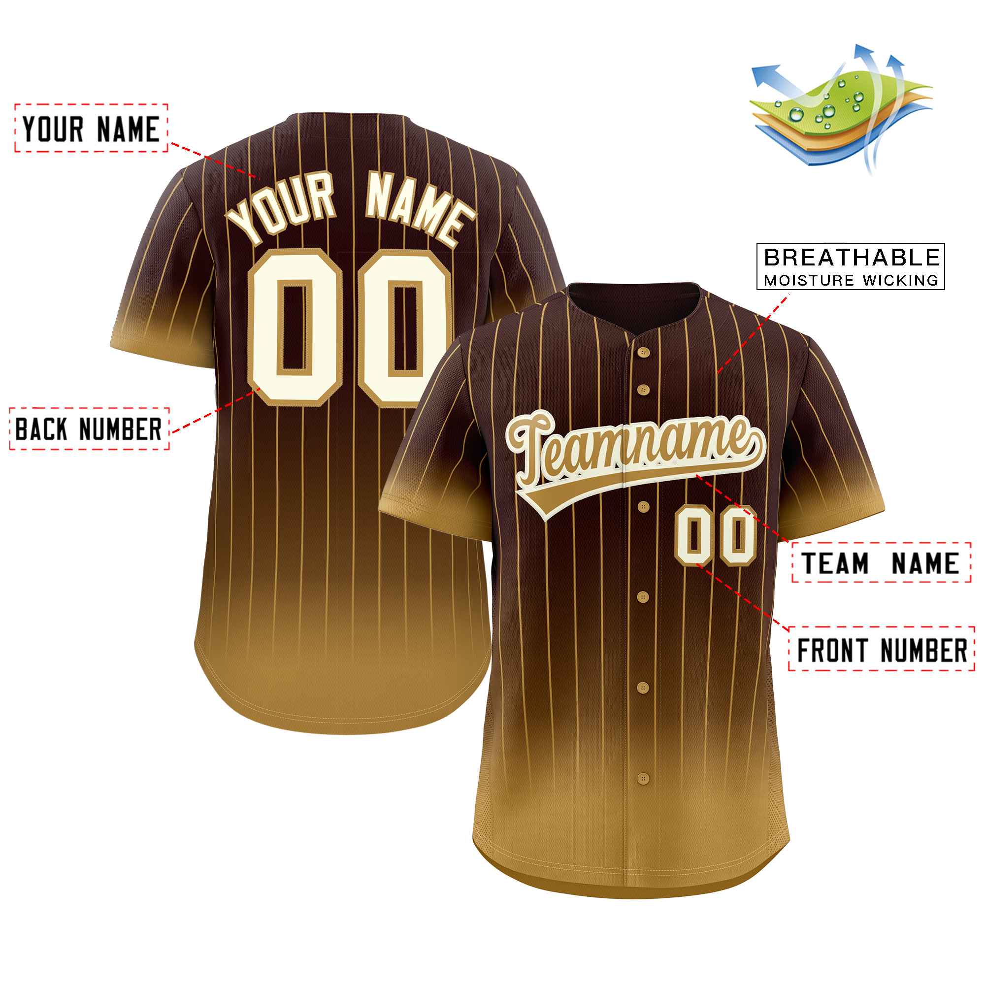 Custom Brown Old Gold-Cream Gradient Stripe Fashion Authentic Baseball Jersey