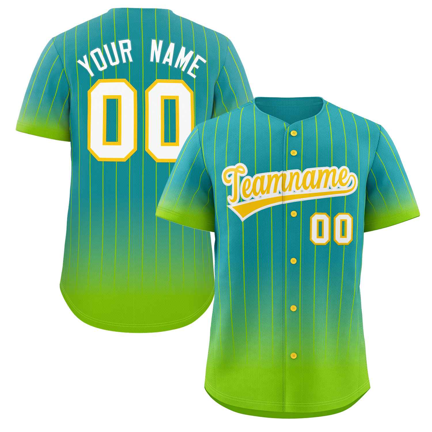 Maillot de baseball personnalisé Aqua Neon vert-or à rayures dégradées, authentique, à la mode