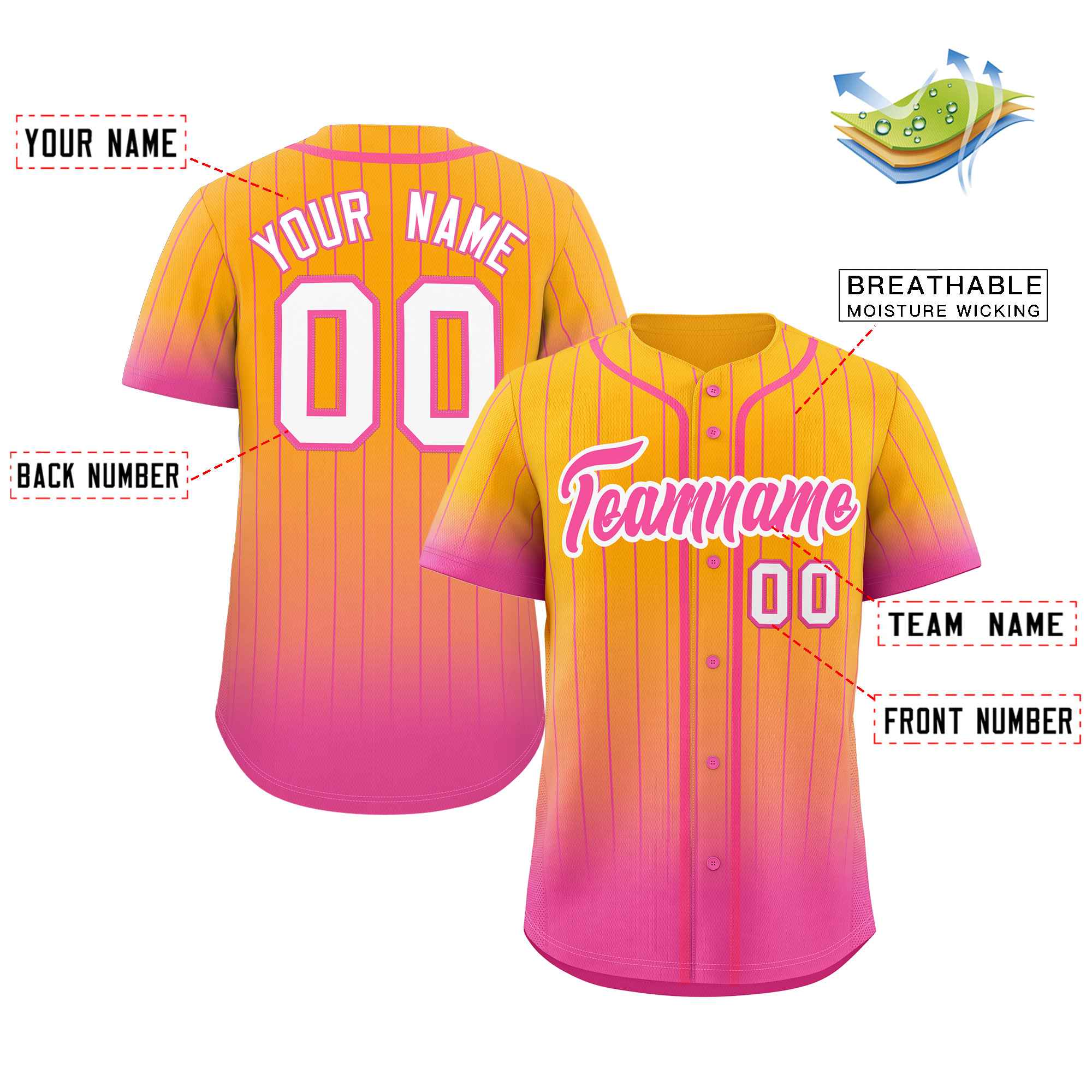 Maillot de baseball personnalisé à rayures dégradées jaune rose-blanc, mode authentique