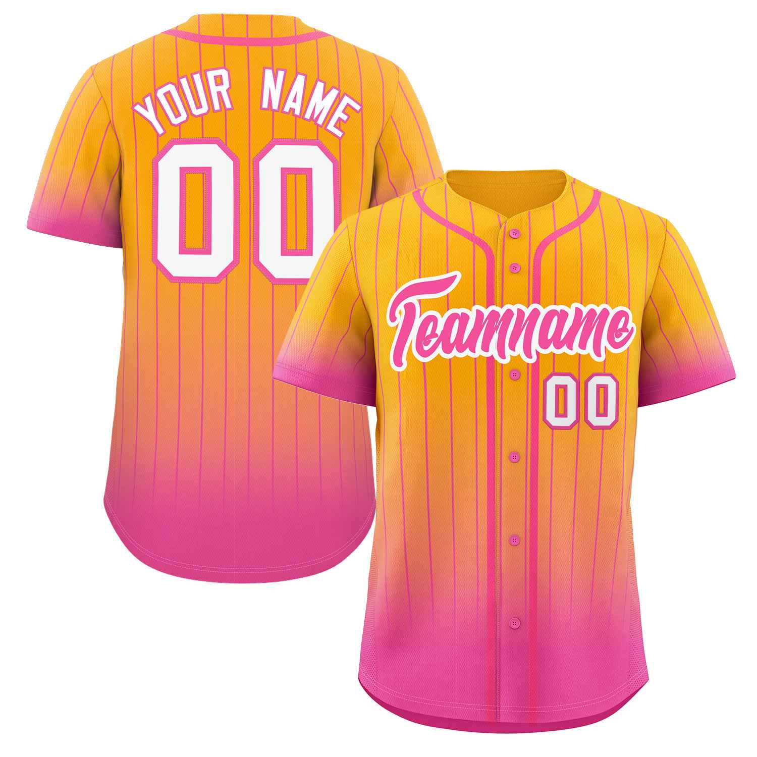 Maillot de baseball personnalisé à rayures dégradées jaune rose-blanc, mode authentique