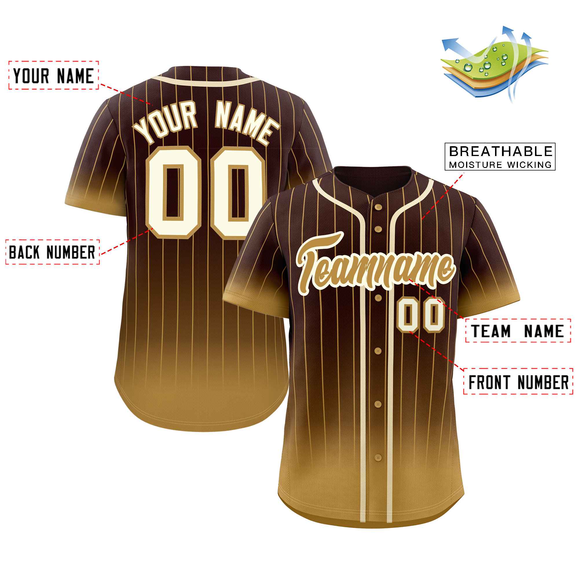 Maillot de baseball personnalisé à rayures dégradées, marron, vieux or-crème, mode authentique