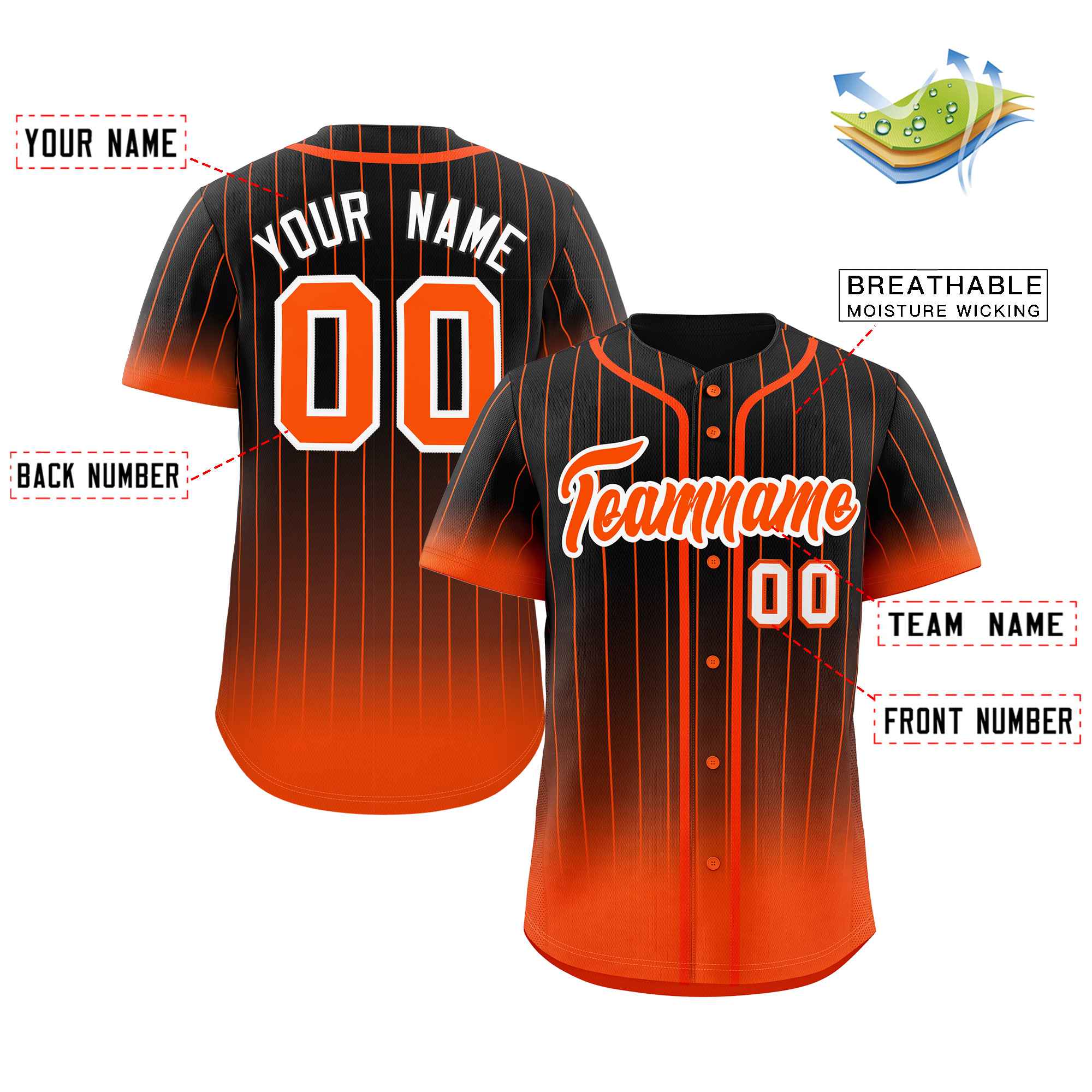 Maillot de baseball personnalisé à rayures dégradées noir orange-blanc, à la mode, authentique