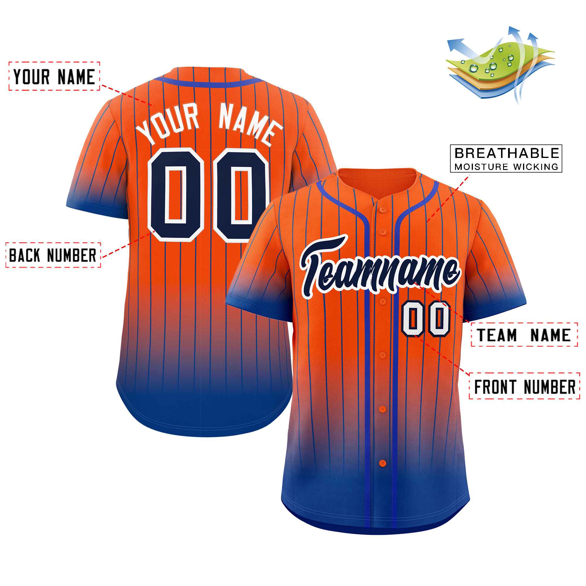 Maillot de baseball authentique à rayures dégradées Orange Royal-blanc personnalisé, à la mode