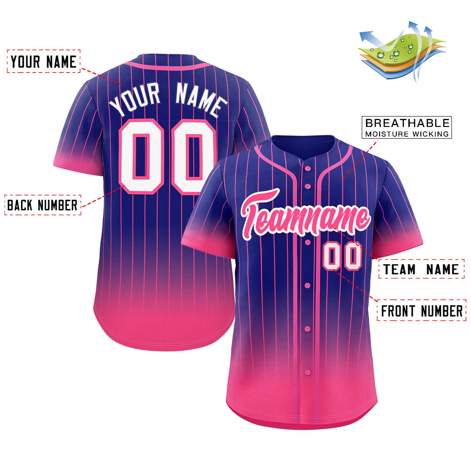 Maillot de baseball personnalisé à rayures dégradées violet rose-blanc, mode authentique