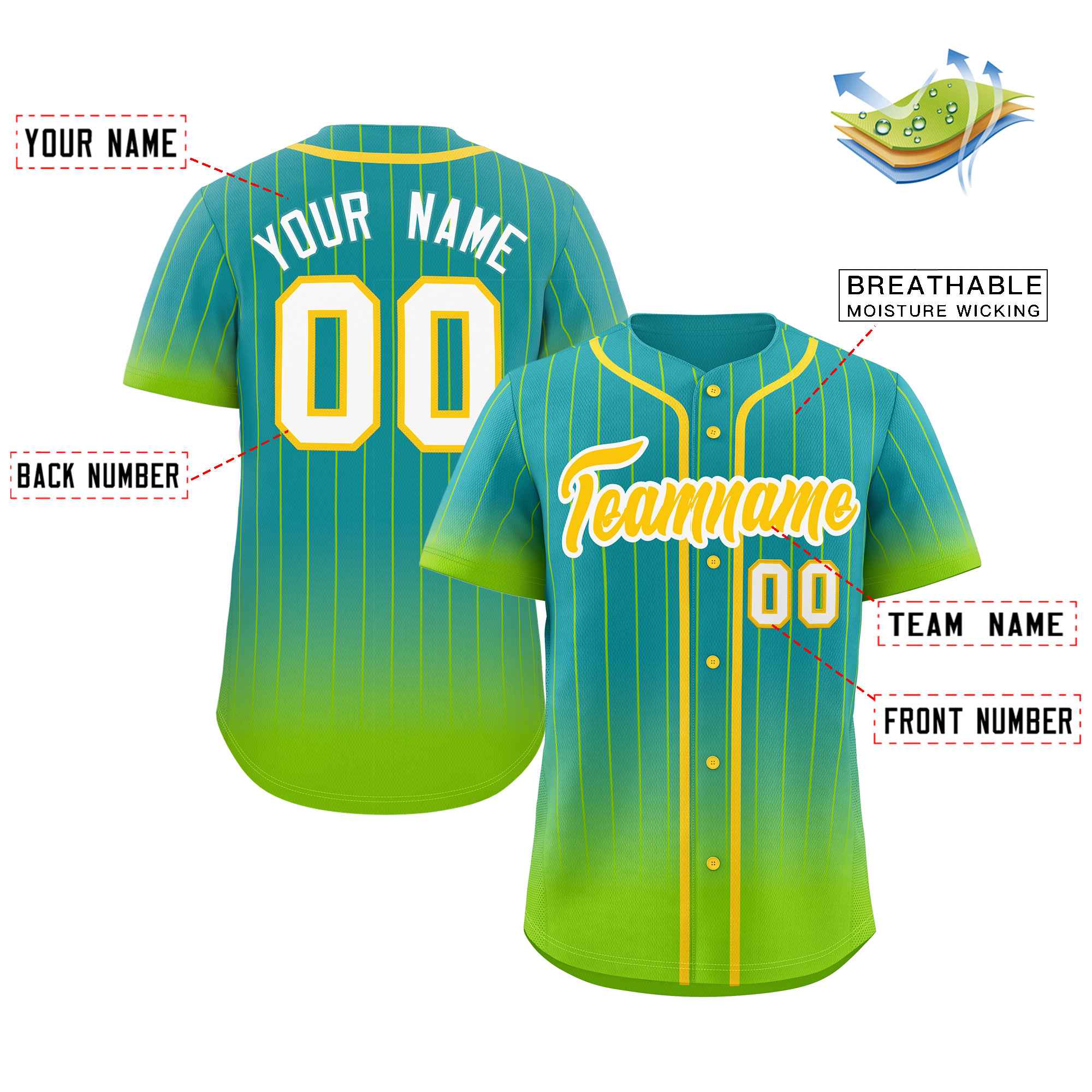 Maillot de baseball personnalisé Aqua Neon vert-or à rayures dégradées, authentique, à la mode