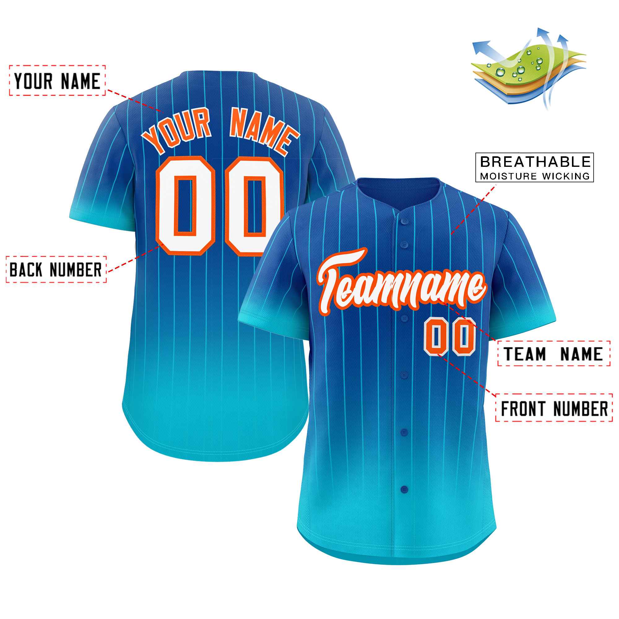 Maillot de Baseball personnalisé à rayures dégradées bleu ciel Royal-Orange, à la mode, authentique