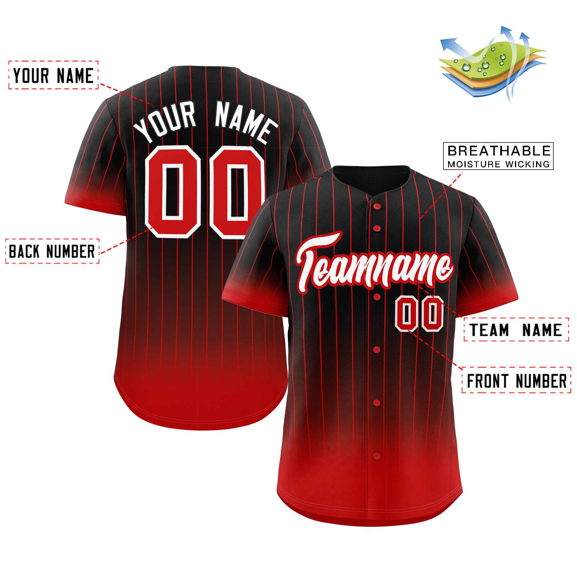 Custom Black Red-White Gradient Stripe Fashion Authentic Baseball Jersey