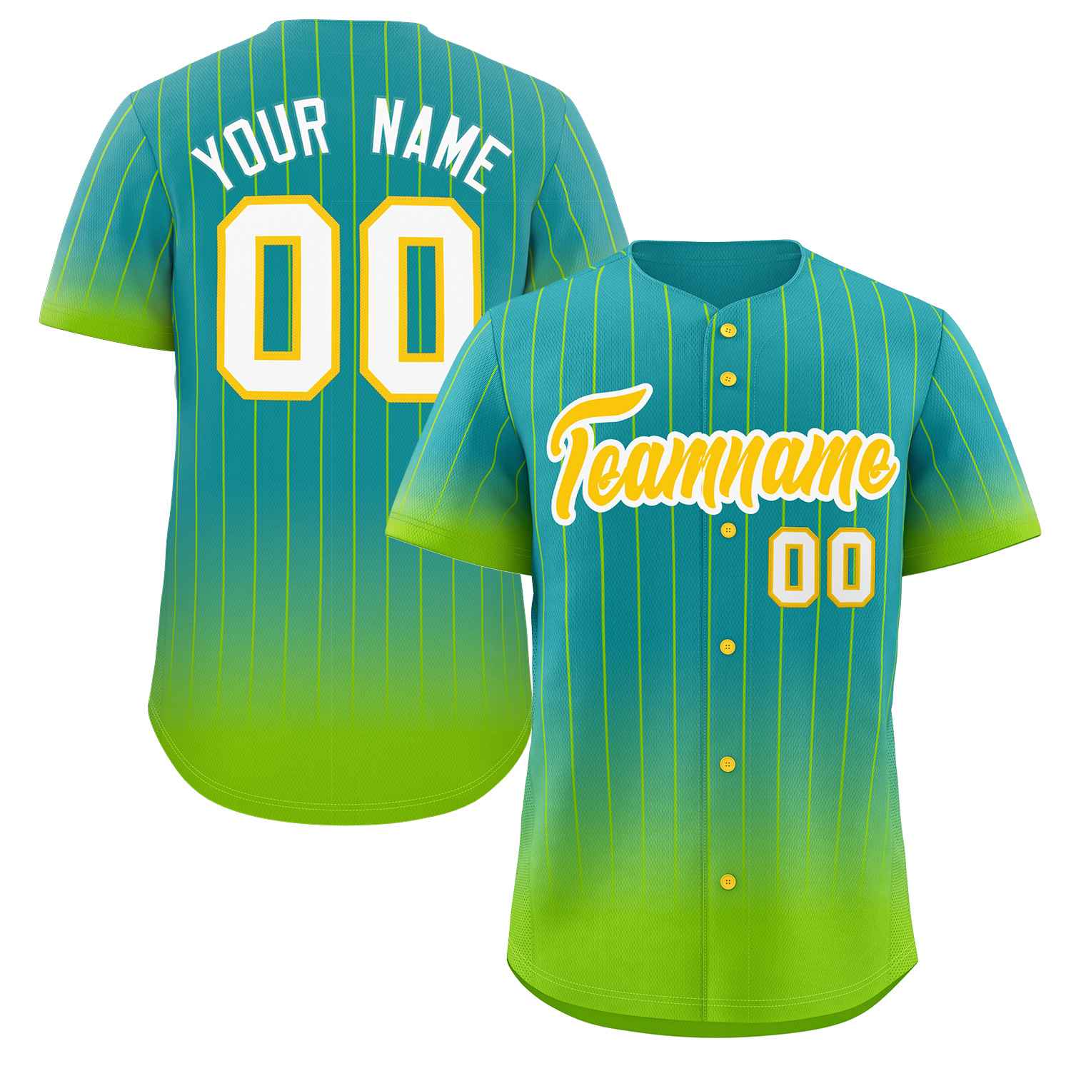 Maillot de baseball personnalisé Aqua Neon vert-or à rayures dégradées, authentique, à la mode