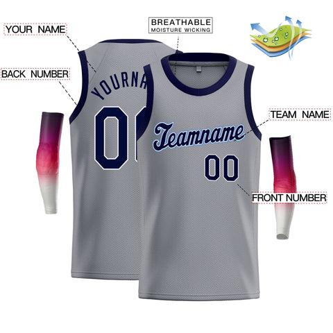 Custom Gray Navy-Blue Classic Tops Breathable Basketball Jersey
