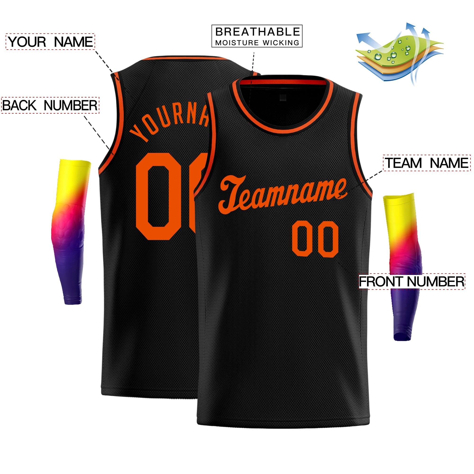 Maillot de basket-ball décontracté, personnalisé, noir, Orange, classique, athlétique