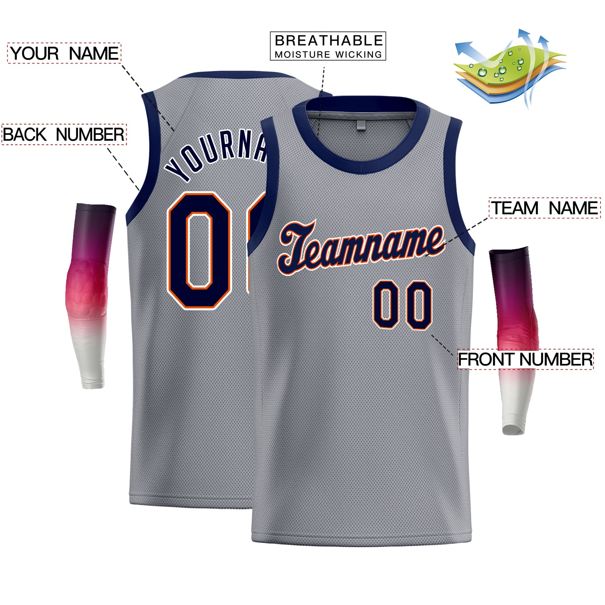 Custom Gray Navy-Orange Classic Tops Tank Top Basketball Jersey