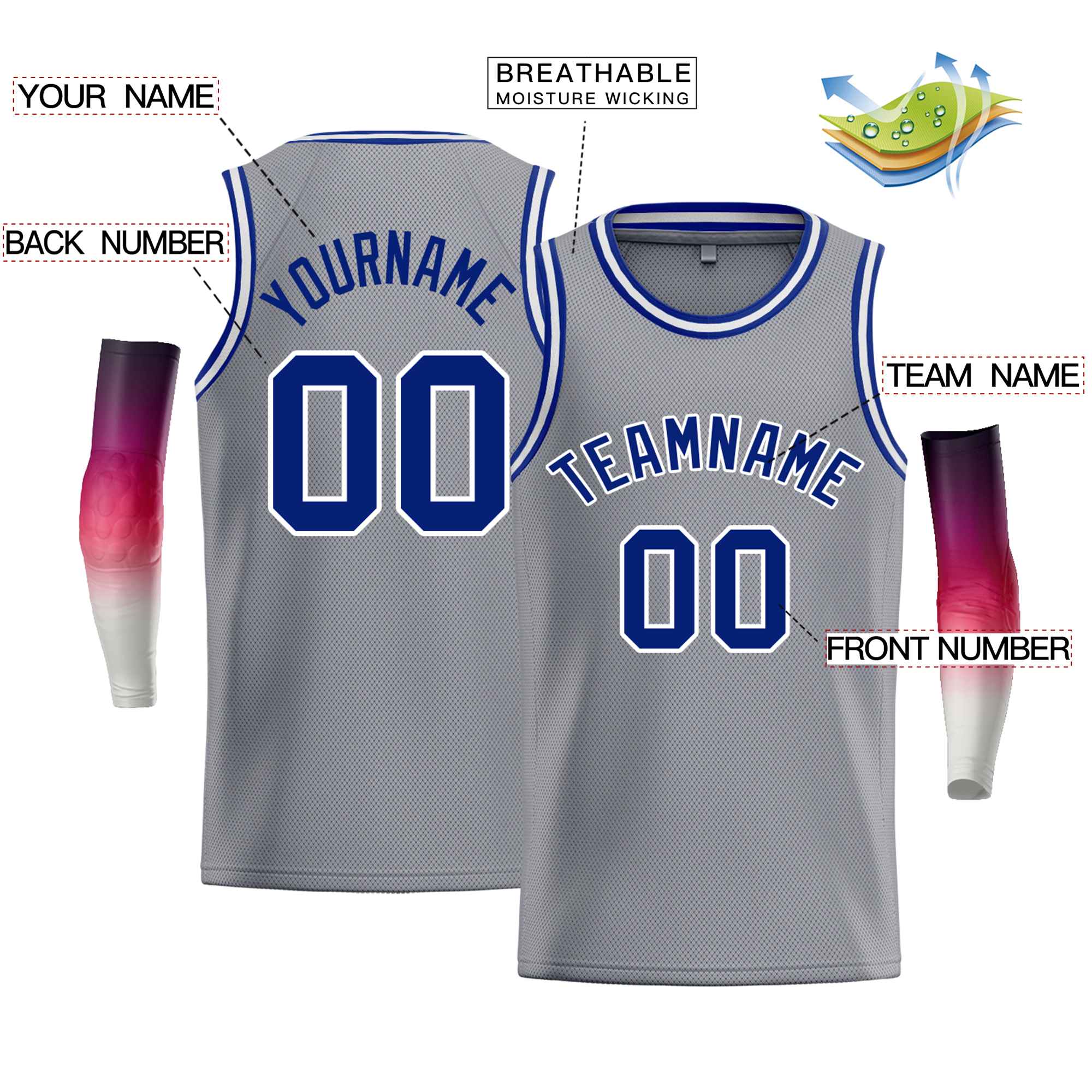 Custom Gray White-Royal Classic Tops Men Casual Bull Basketball Jersey