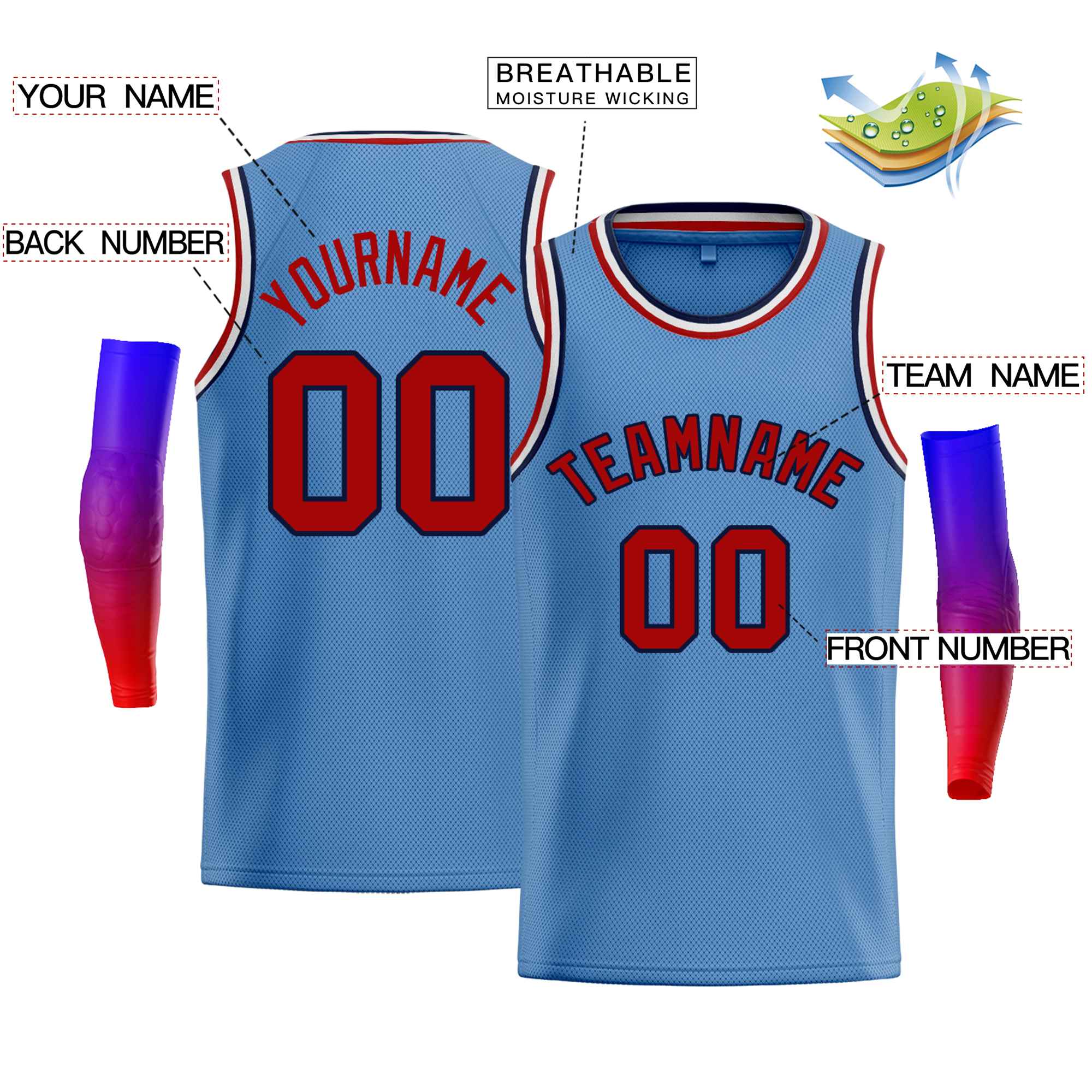 Custom Light Blue Navy-Red Classic Tops Men Casual Bull Basketball Jersey