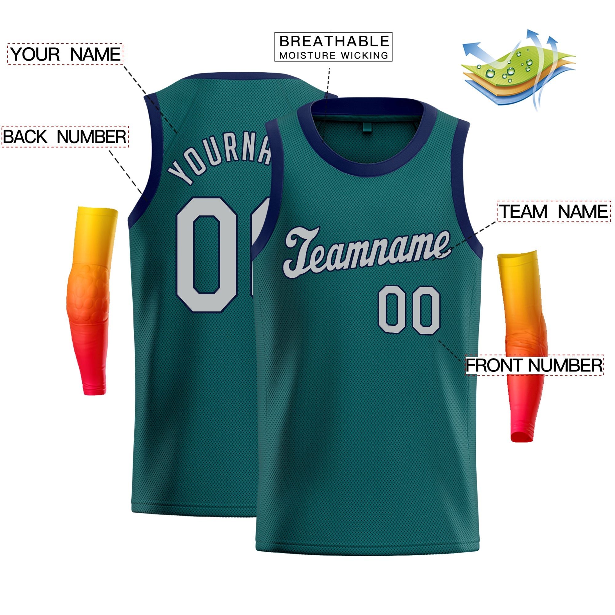 Custom Teal Gray-Navy Blue Classic Tops Fashion Sportwear Basketball Jersey