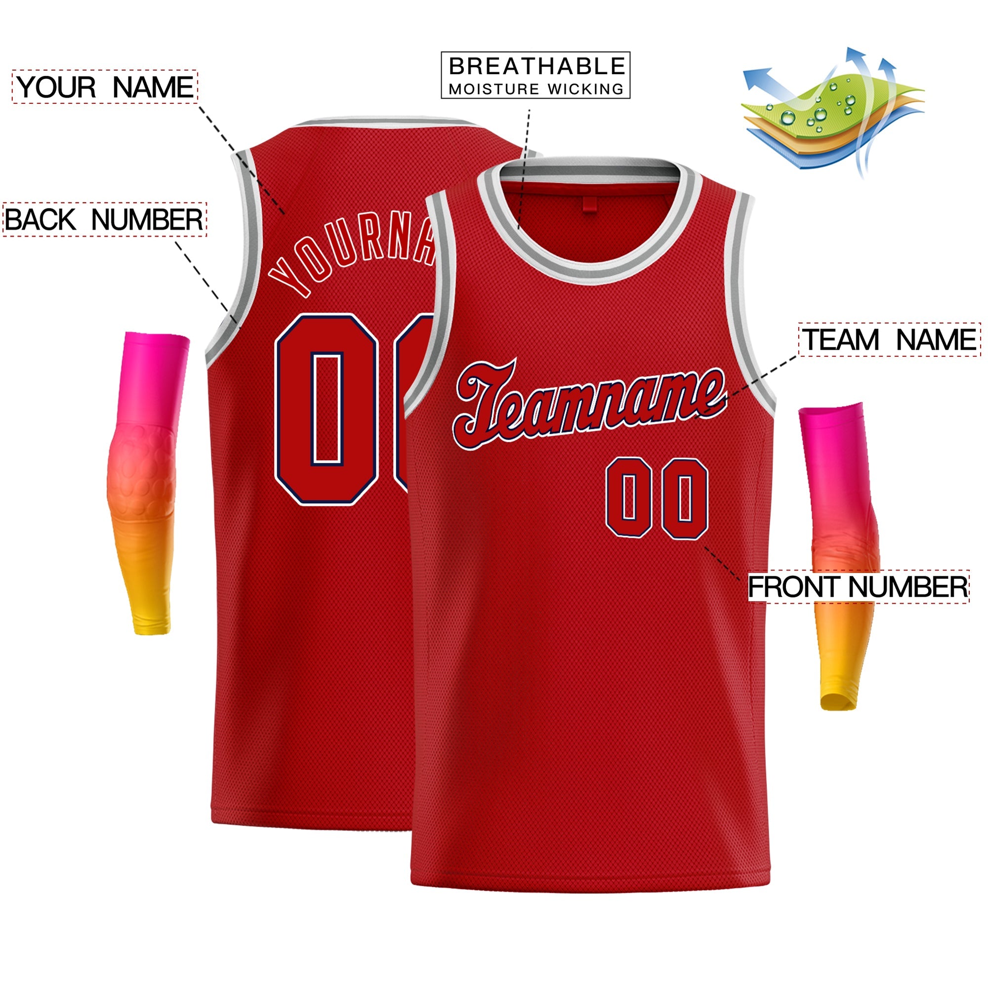 Maillot de basket-ball classique personnalisé, rouge, blanc, gris-blanc