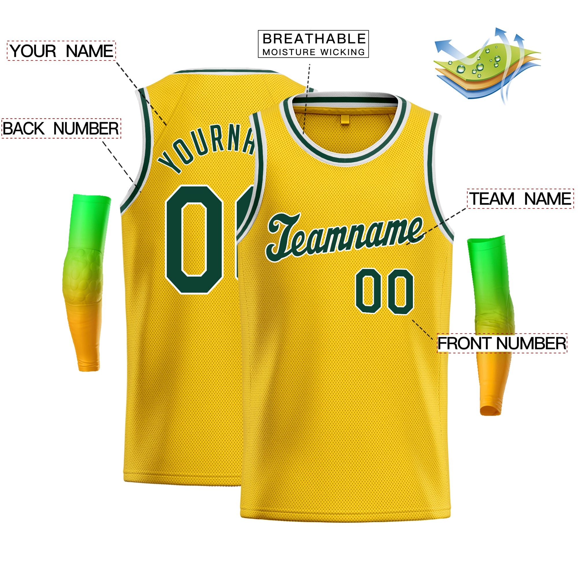 Maillot de basket-ball classique personnalisé jaune vert-blanc pour hommes/garçon