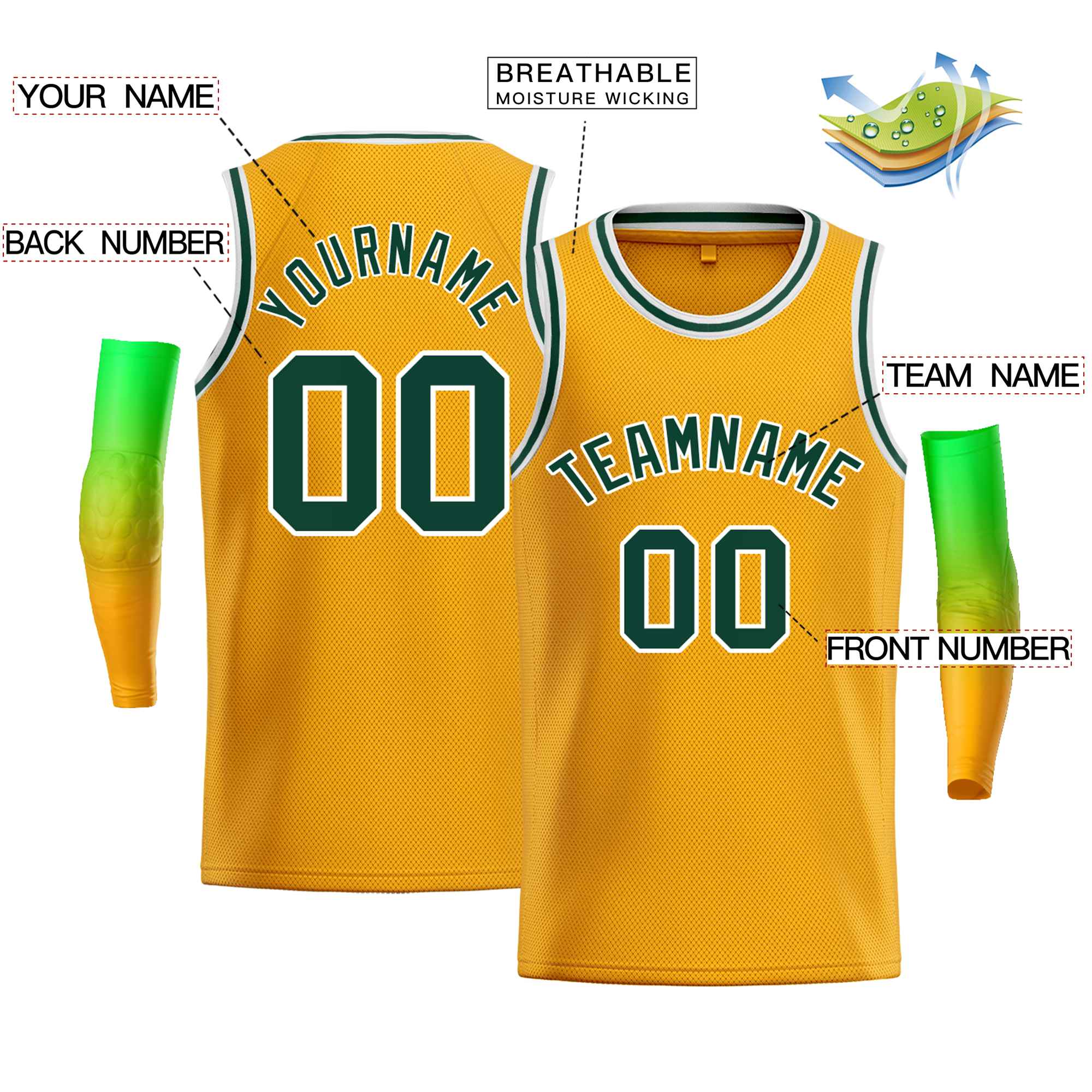 Custom Gold White-Kelly Green Classic Tops Men Casual Bull Basketball Jersey