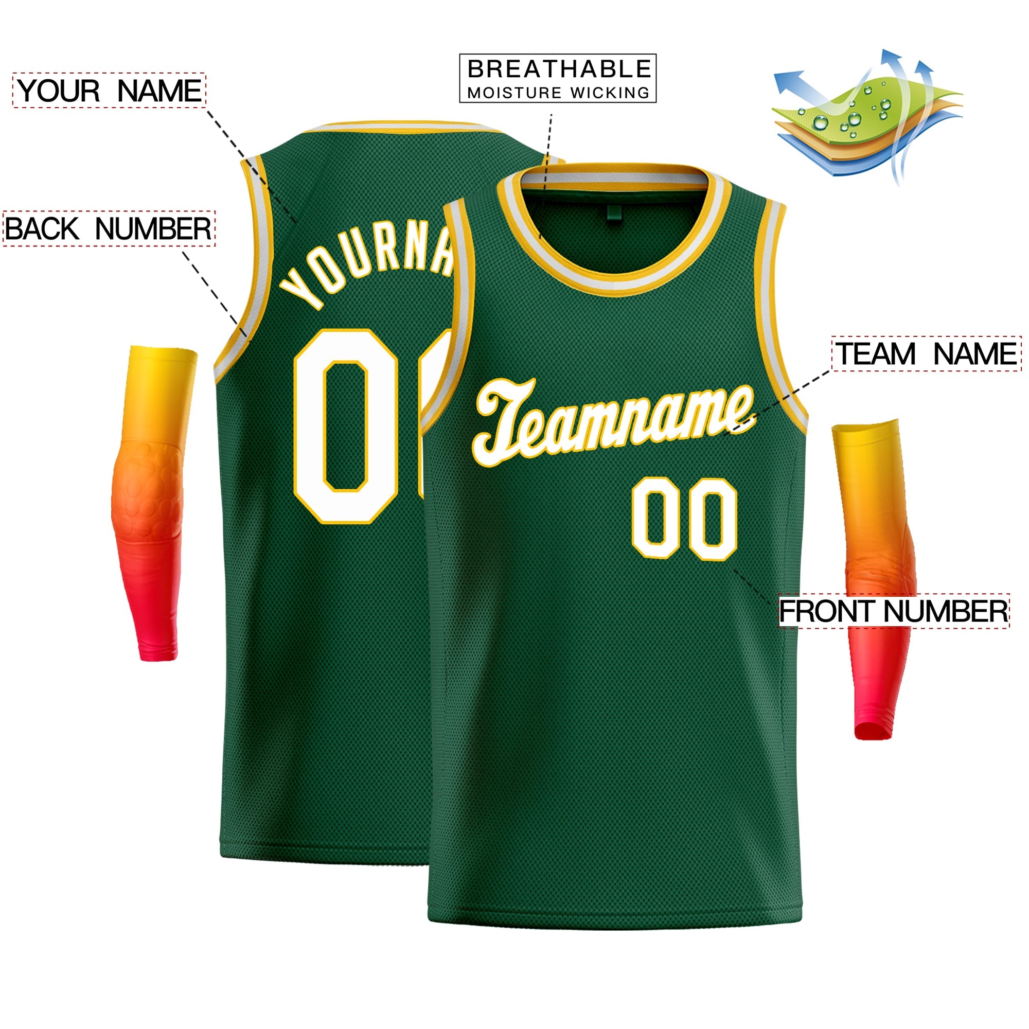 Maillot de basket-ball classique personnalisé vert blanc-jaune, vêtements de sport à la mode