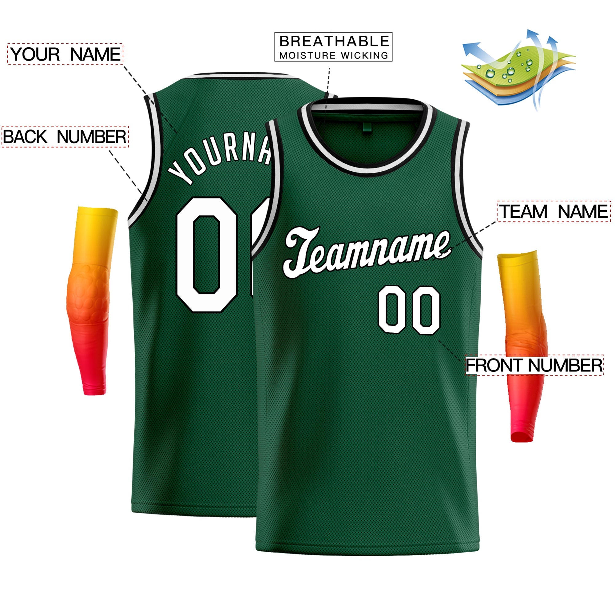 Maillot de basket-ball athlétique personnalisé vert noir-blanc classique