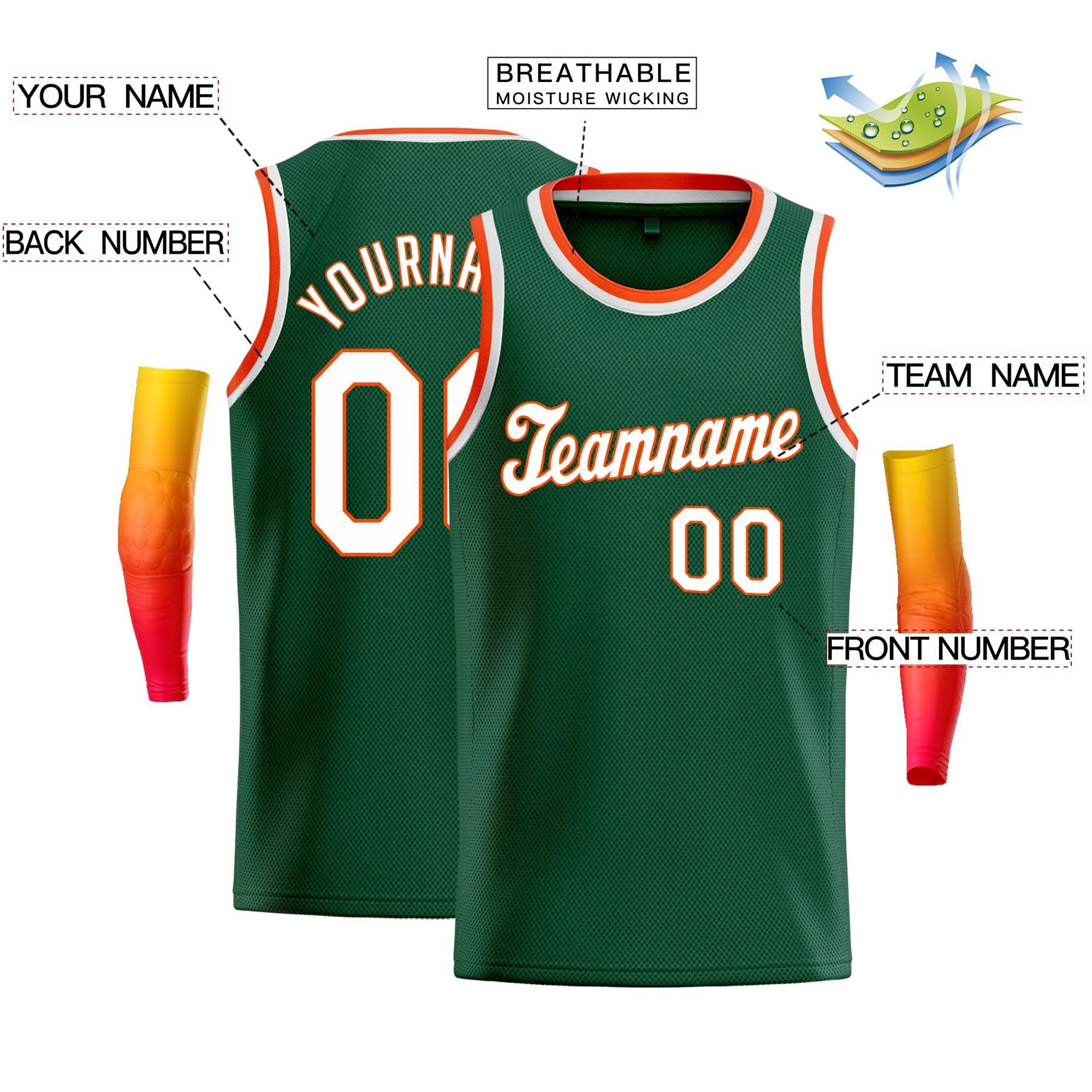 Maillot de basket-ball respirant personnalisé, vert blanc-Orange, hauts classiques