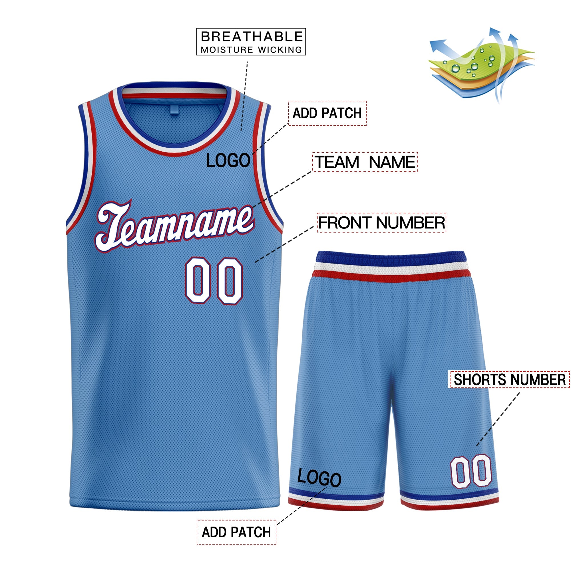 Maillot de basket-ball personnalisé bleu clair et blanc, ensembles classiques