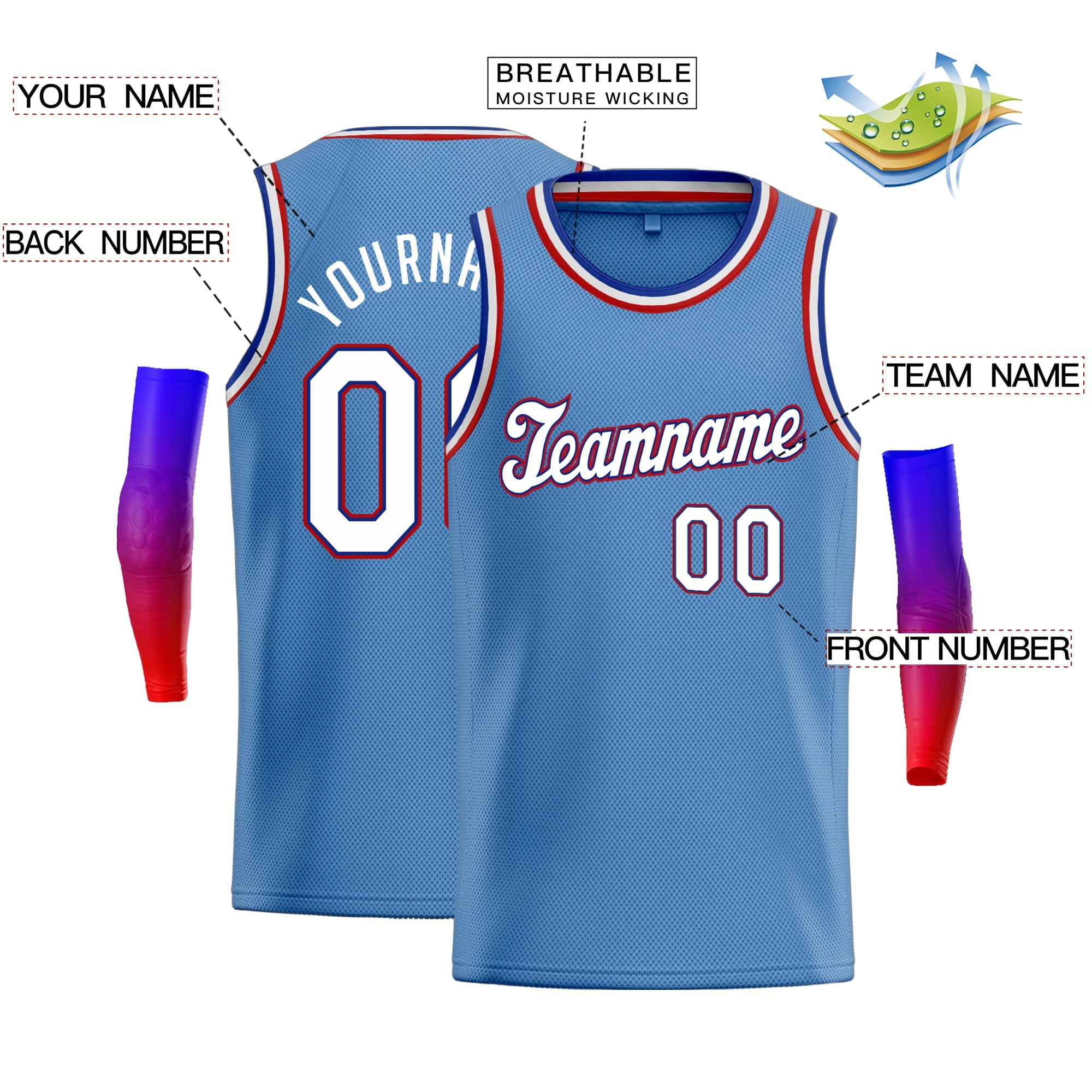 Maillot de basket-ball décontracté pour hommes, haut classique personnalisé bleu clair blanc-rouge