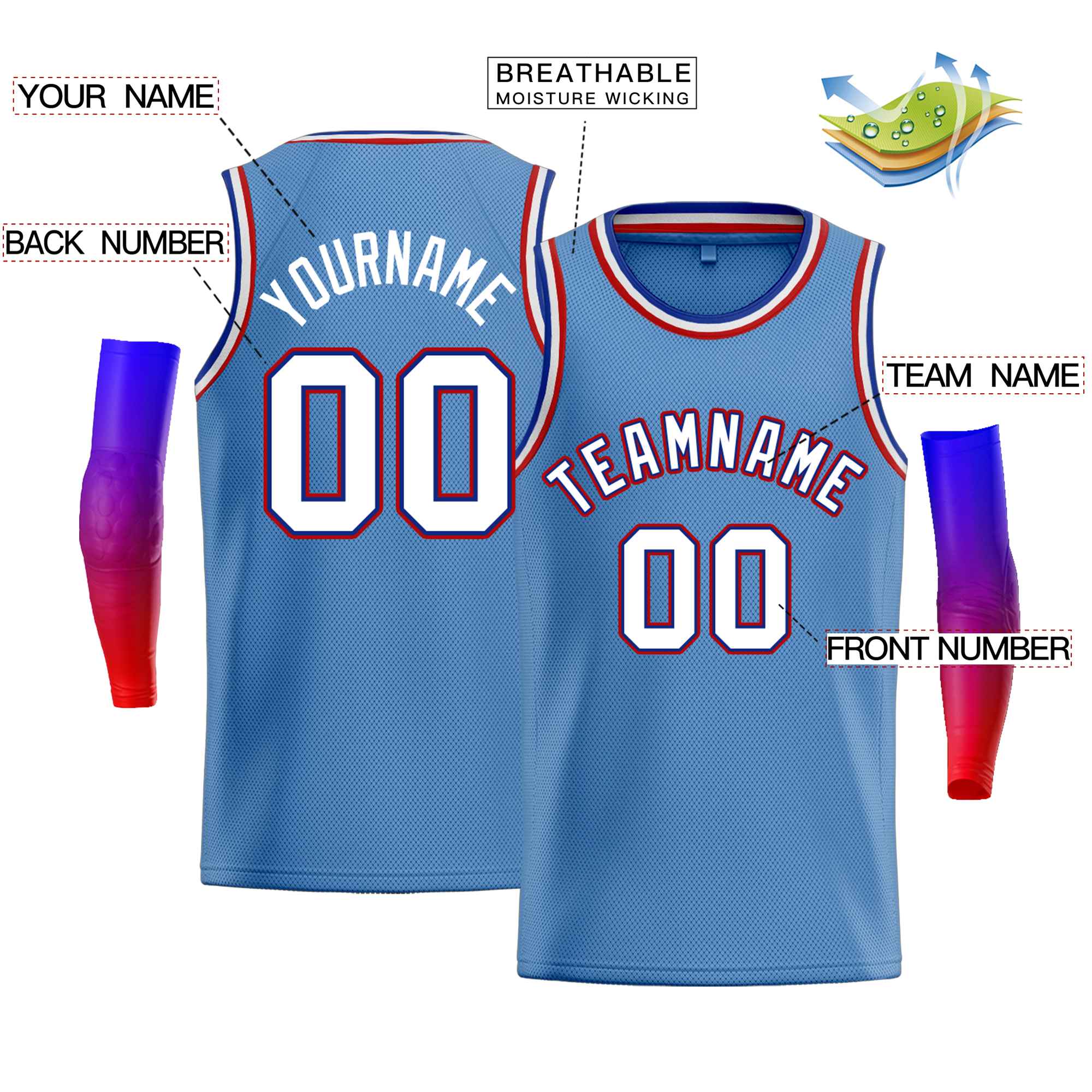 Custom Light Blue Red-Royal Classic Tops Men Casual Bull Basketball Jersey