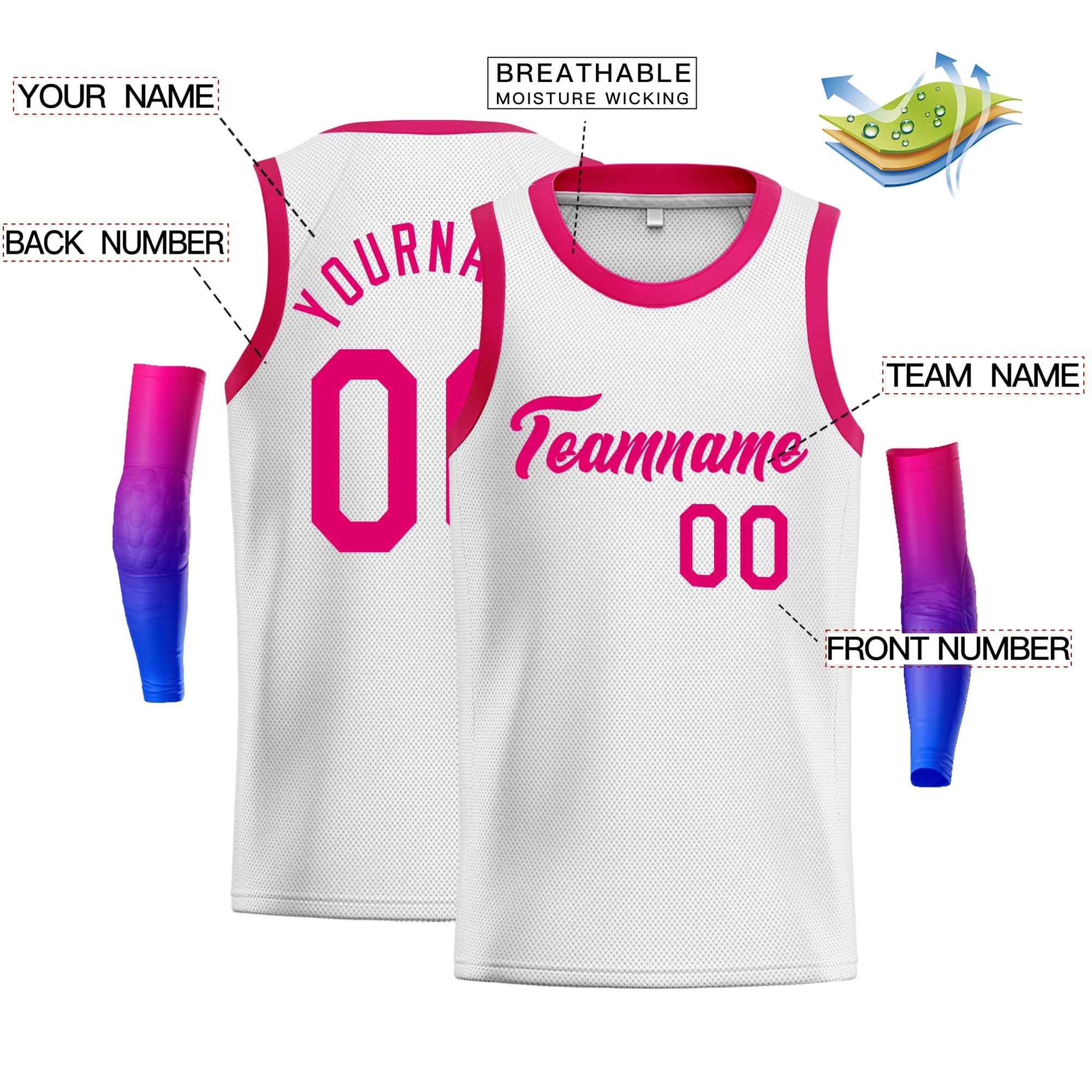 Custom White Pink Classic Tops Fashion Sportwear Basketball Jersey