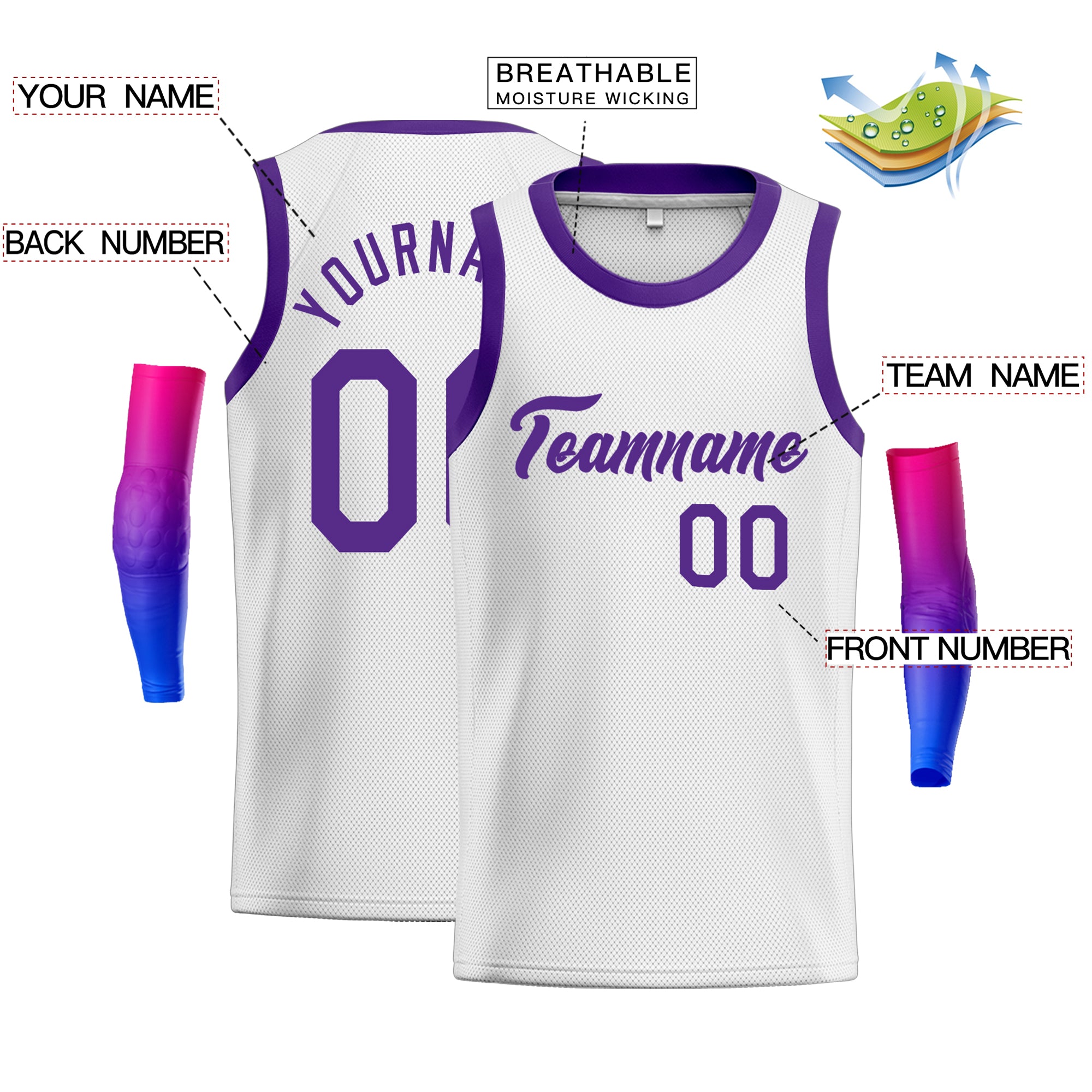 Maillot de basket-ball décontracté pour hommes, haut classique violet blanc personnalisé