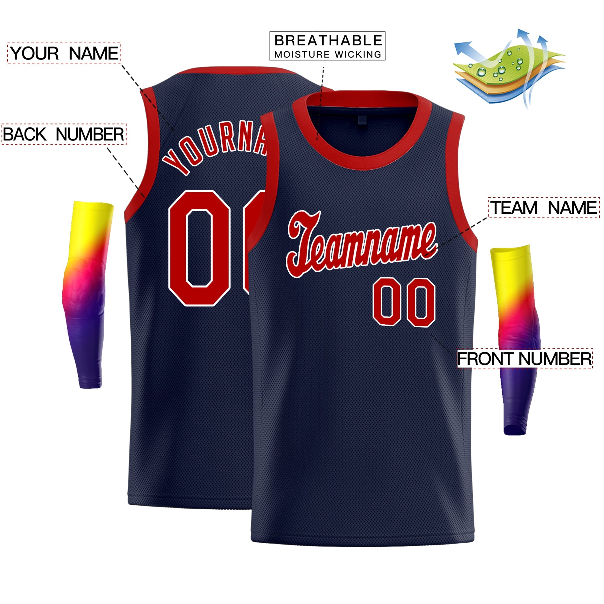 Maillot de basket-ball classique personnalisé, bleu marine, rouge et blanc