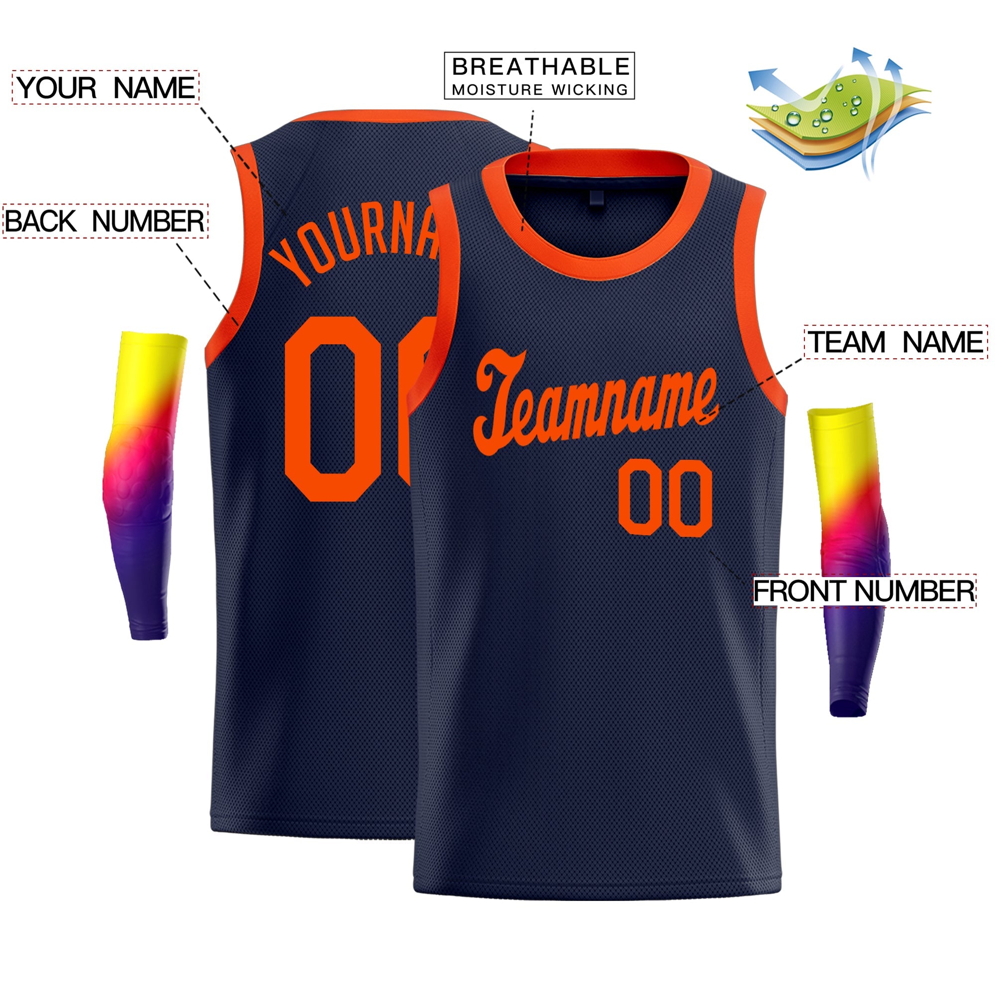 Maillot de basket-ball Sportwear personnalisé, haut classique Orange marine personnalisé