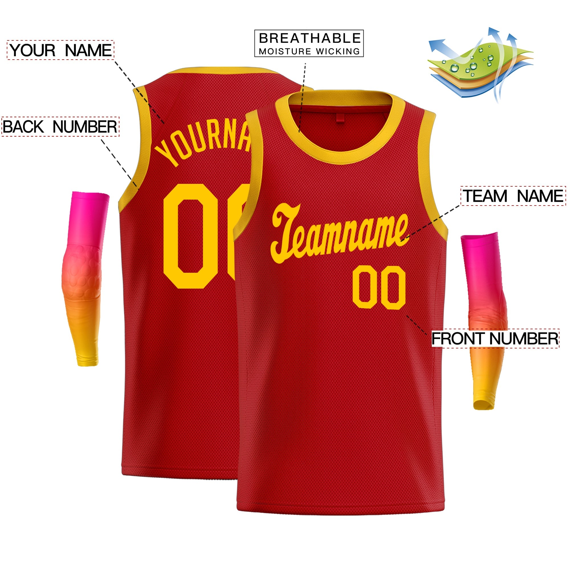 Custom Gold Red-Yellow Classic Tops Mesh Sport Basketball Jersey