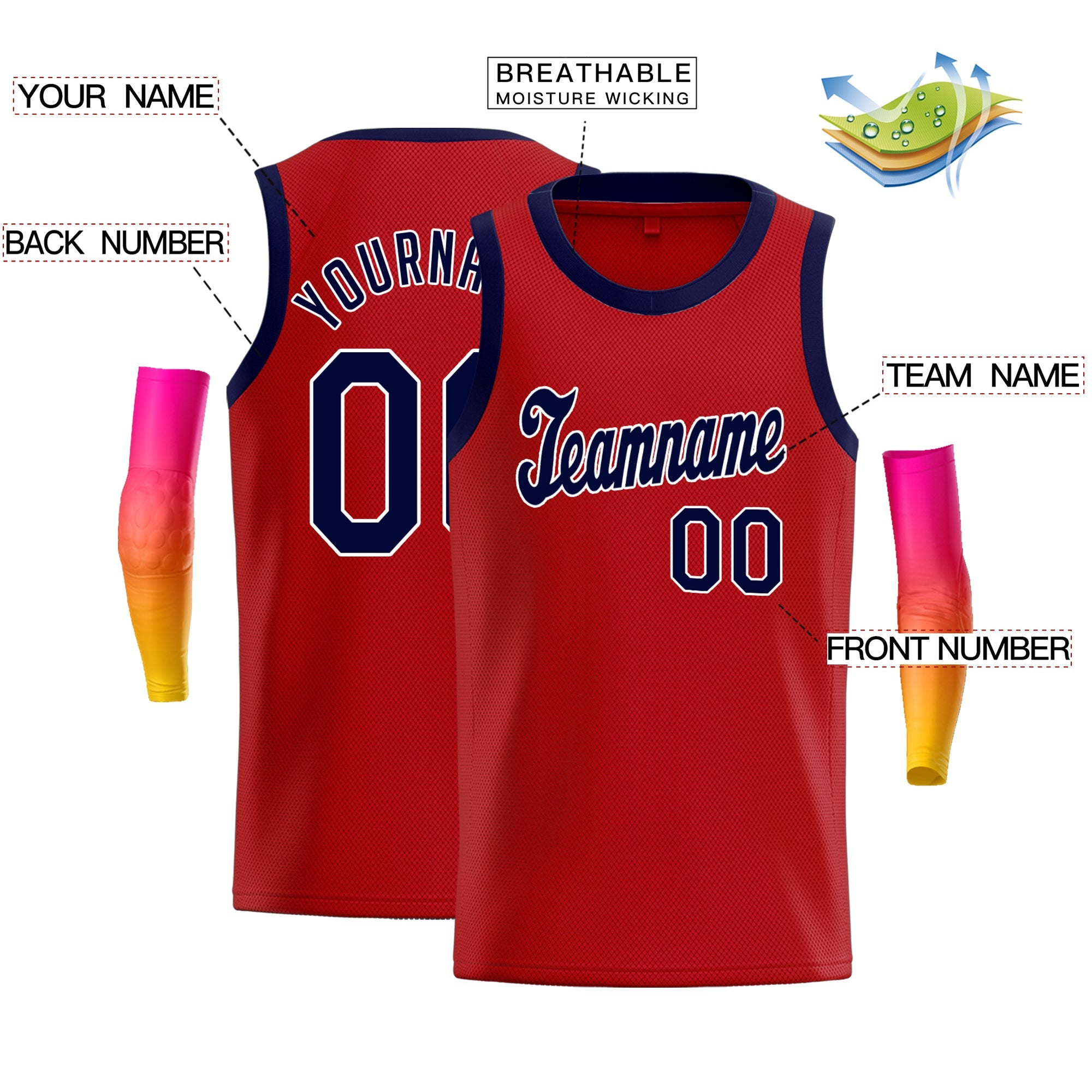 Maillot de basket-ball classique personnalisé rouge marine-blanc