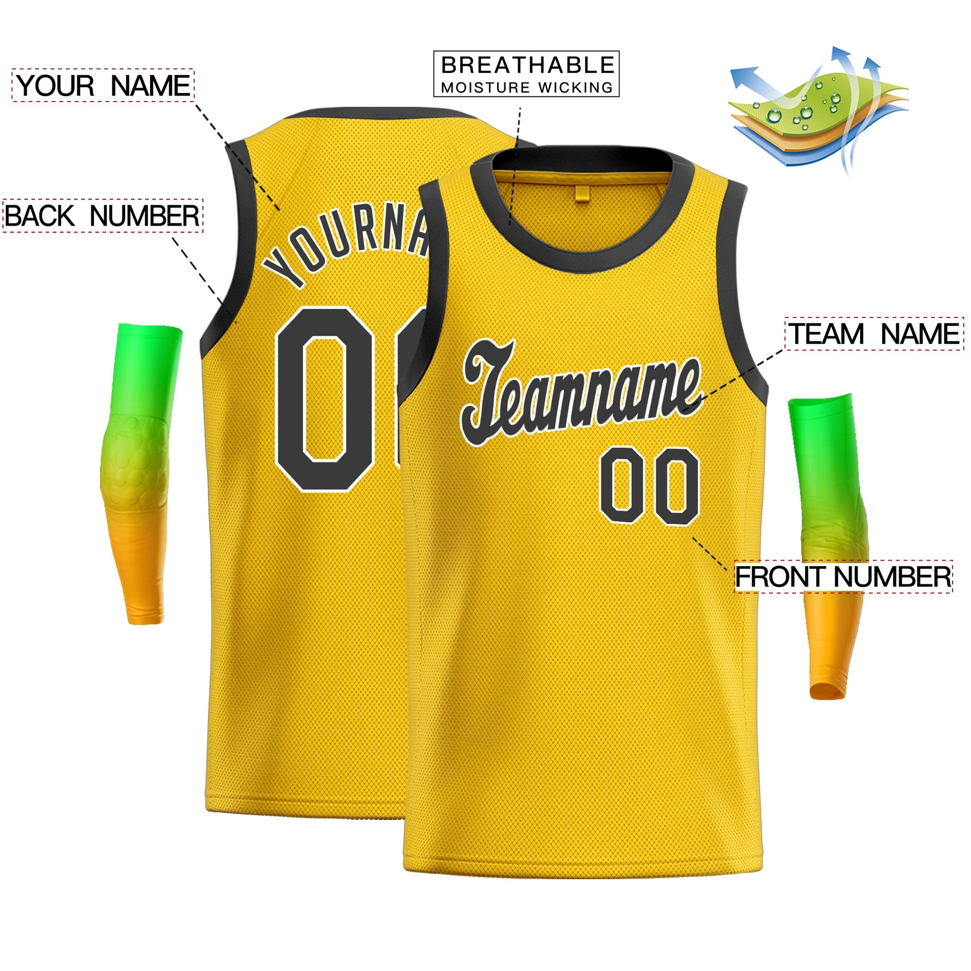 Maillot de basket-ball respirant, personnalisé, jaune, noir et blanc, hauts classiques