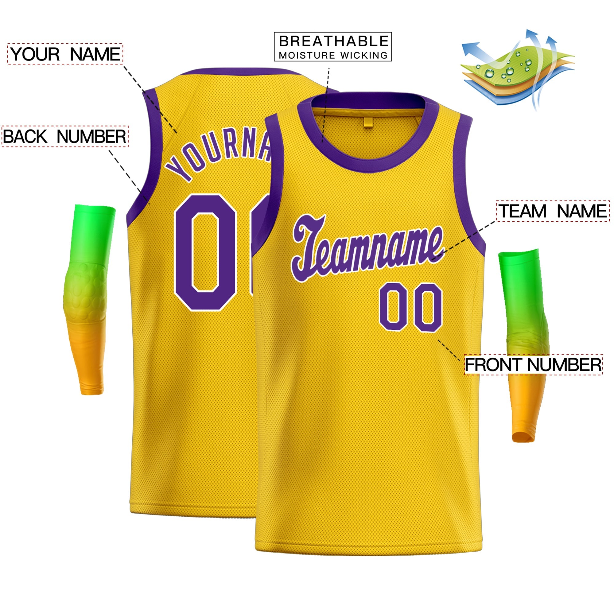 Maillot de basket-ball décontracté pour hommes, haut classique jaune violet-blanc personnalisé