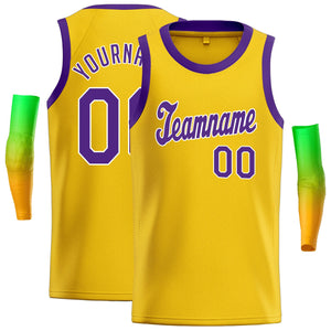 Maillot de basket-ball décontracté pour hommes, haut classique jaune violet-blanc personnalisé